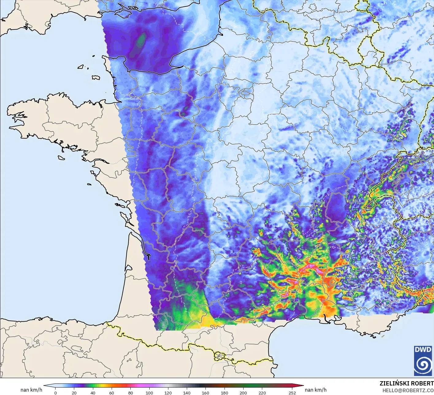 ICON Alemania 2 km modelo - Francia, Ráfagas de Viento Máximas