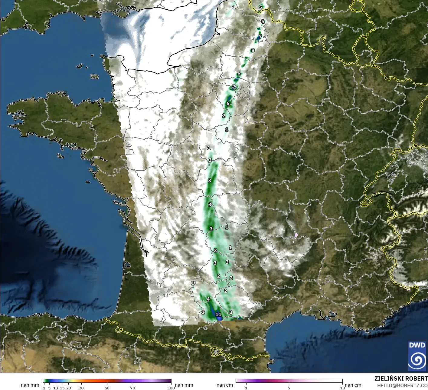 ICON Alemania 2 km modelo - Francia, Precipitación, nubes y presión