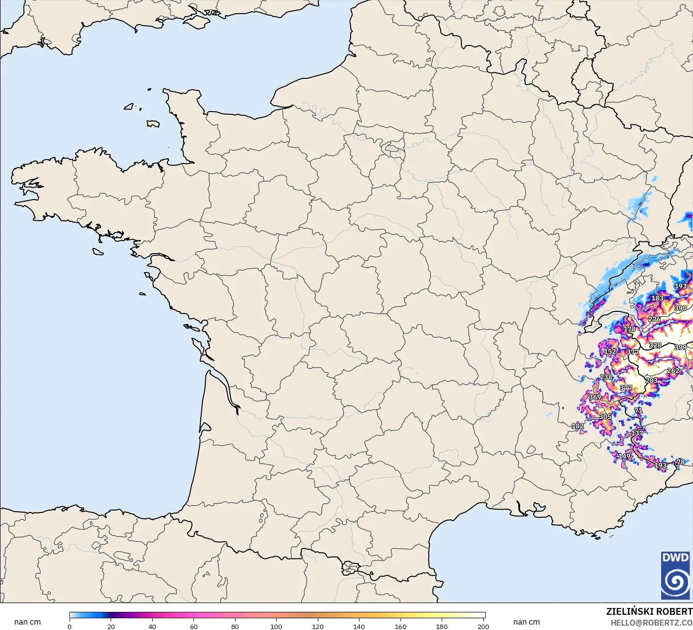 ICON Alemania 2 km modelo - Francia, Profundidad de nieve