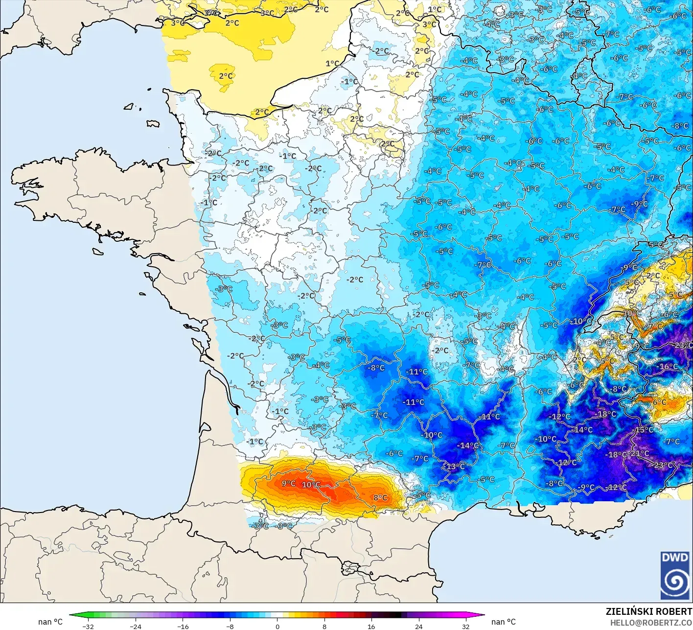 ICON Alemania 2 km modelo - Francia, Anomalía de temperatura a 2 m