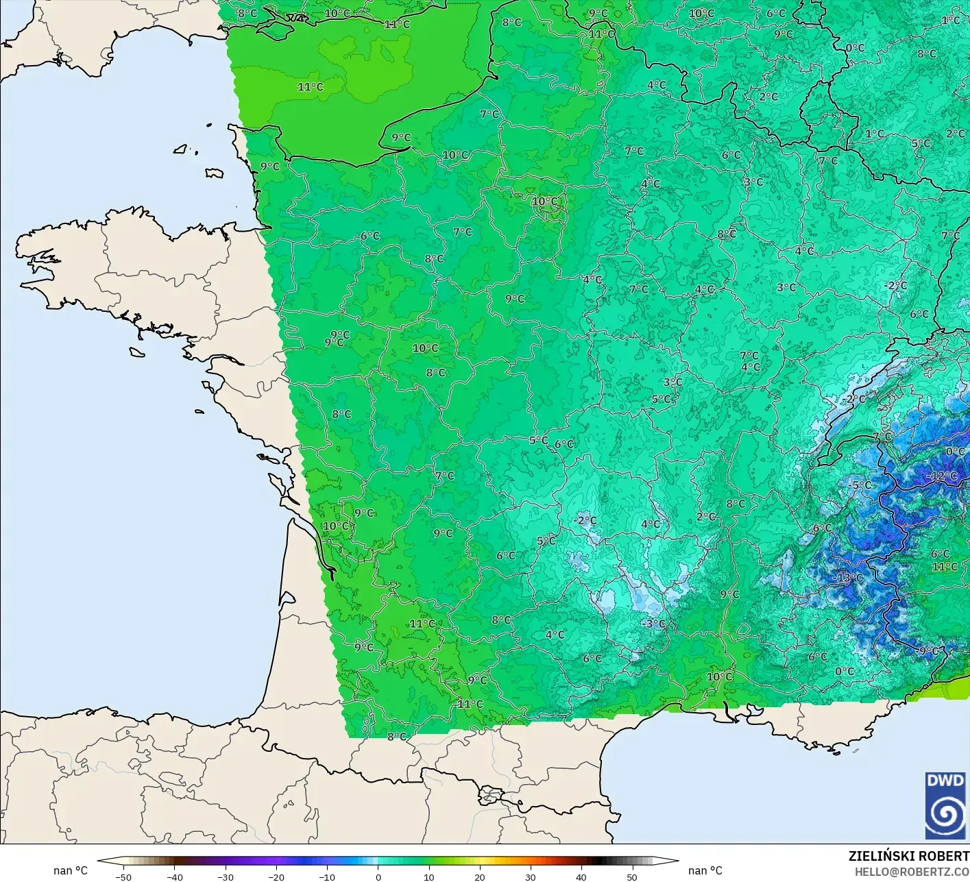 ICON Alemania 2 km modelo - Francia, Temperatura a 2 m