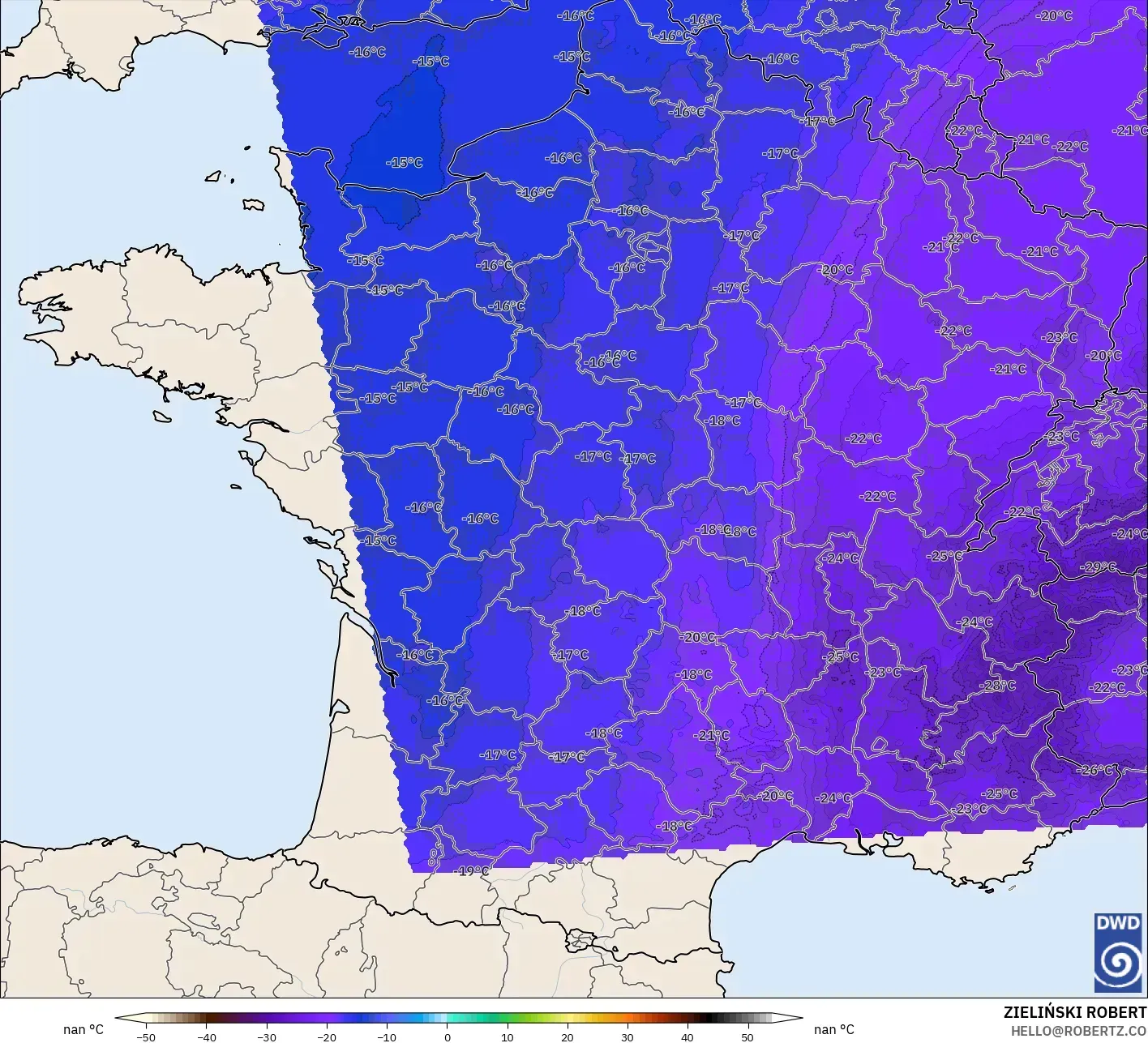 ICON Alemania 2 km modelo - Francia, Temperatura a 500 hPa