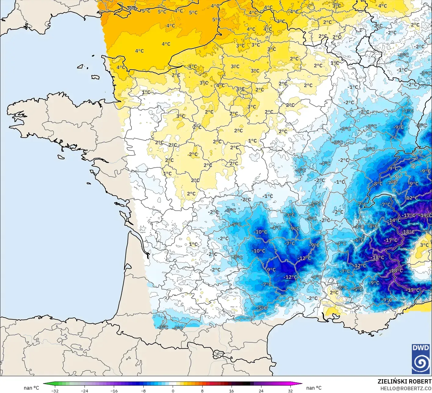 ICON Alemania 2 km modelo - Francia, Anomalía de temperatura a 850 hPa
