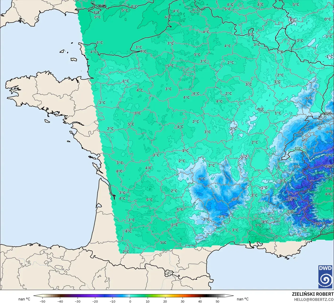 ICON Alemania 2 km modelo - Francia, Temperatura a 850 hPa
