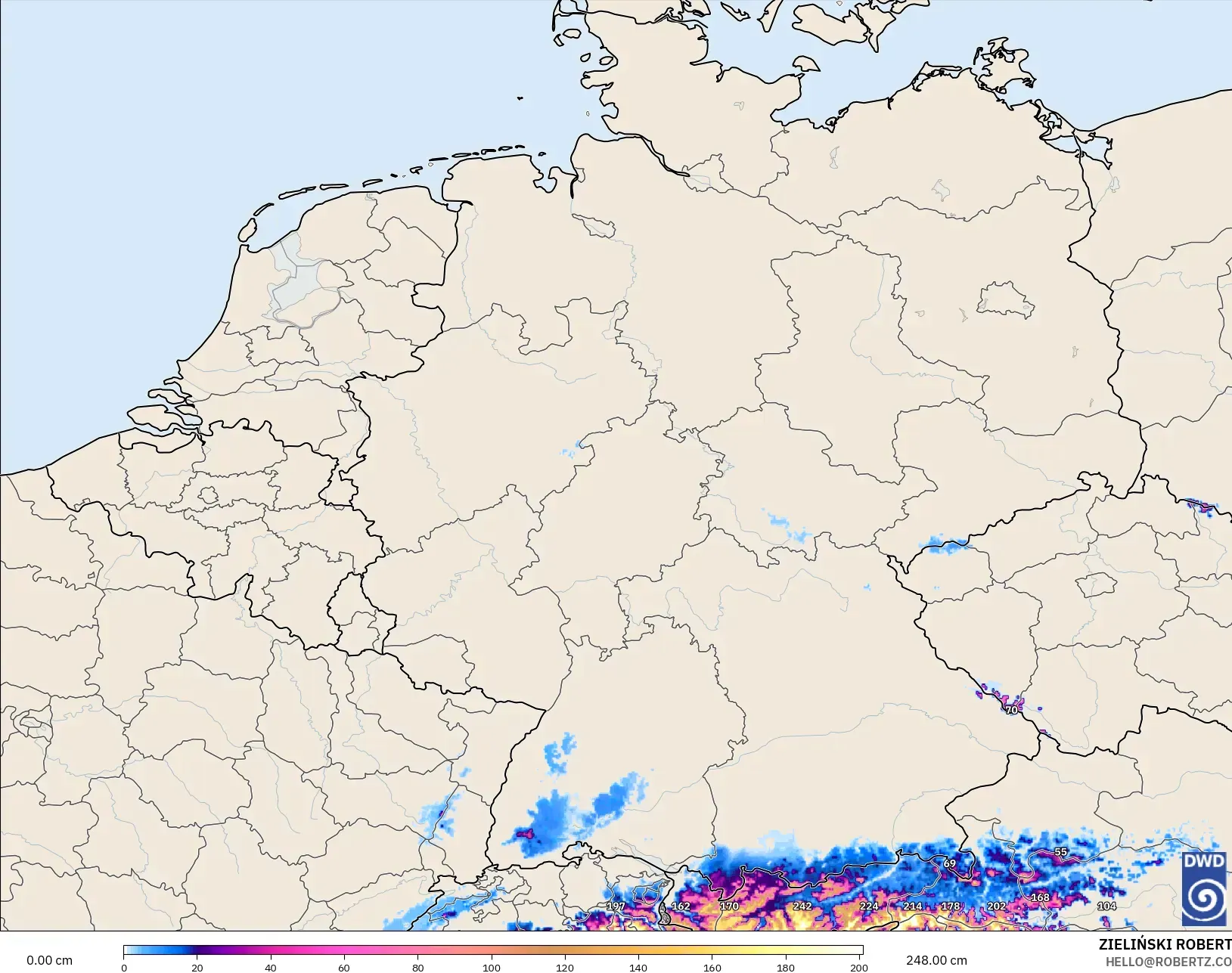 ICON Alemania 2 km modelo - Alemania, Profundidad de nieve