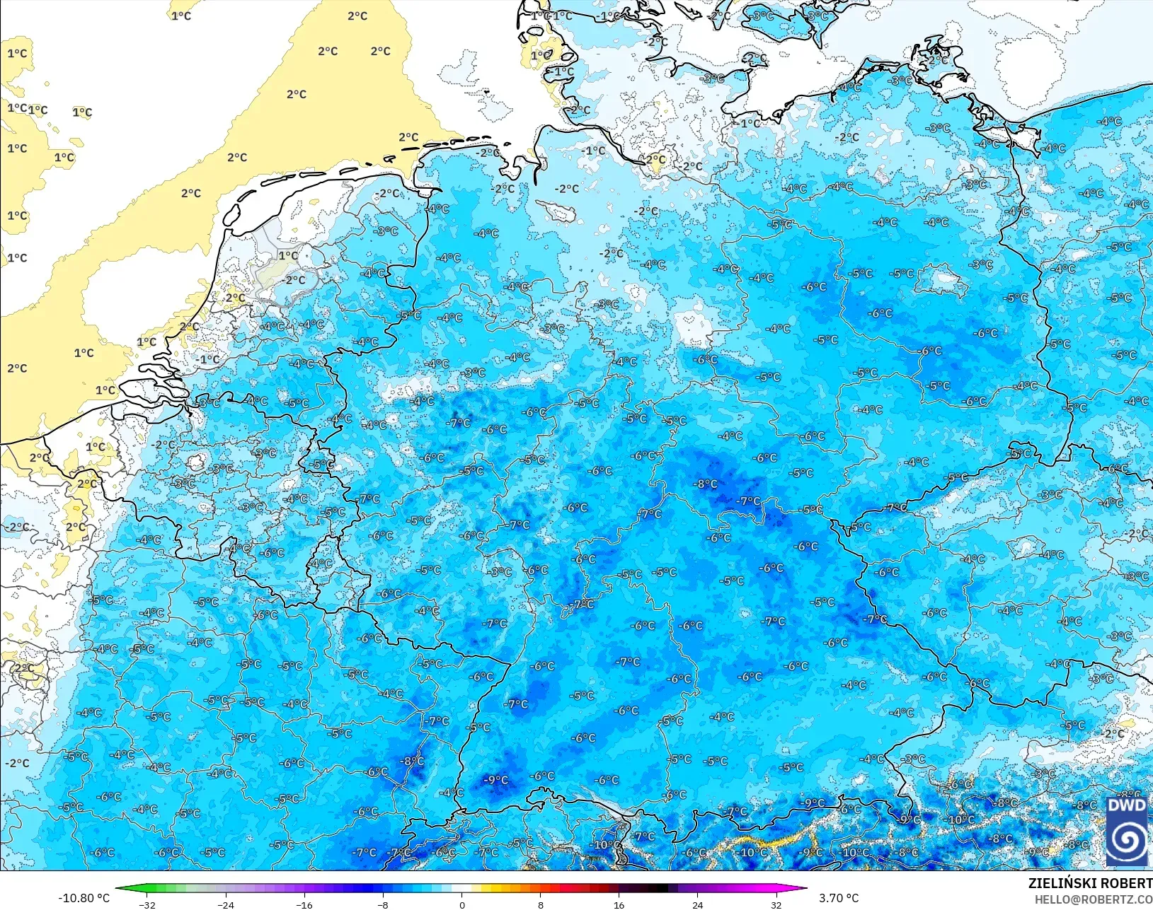 ICON Alemania 2 km modelo - Alemania, Anomalía de temperatura a 2 m