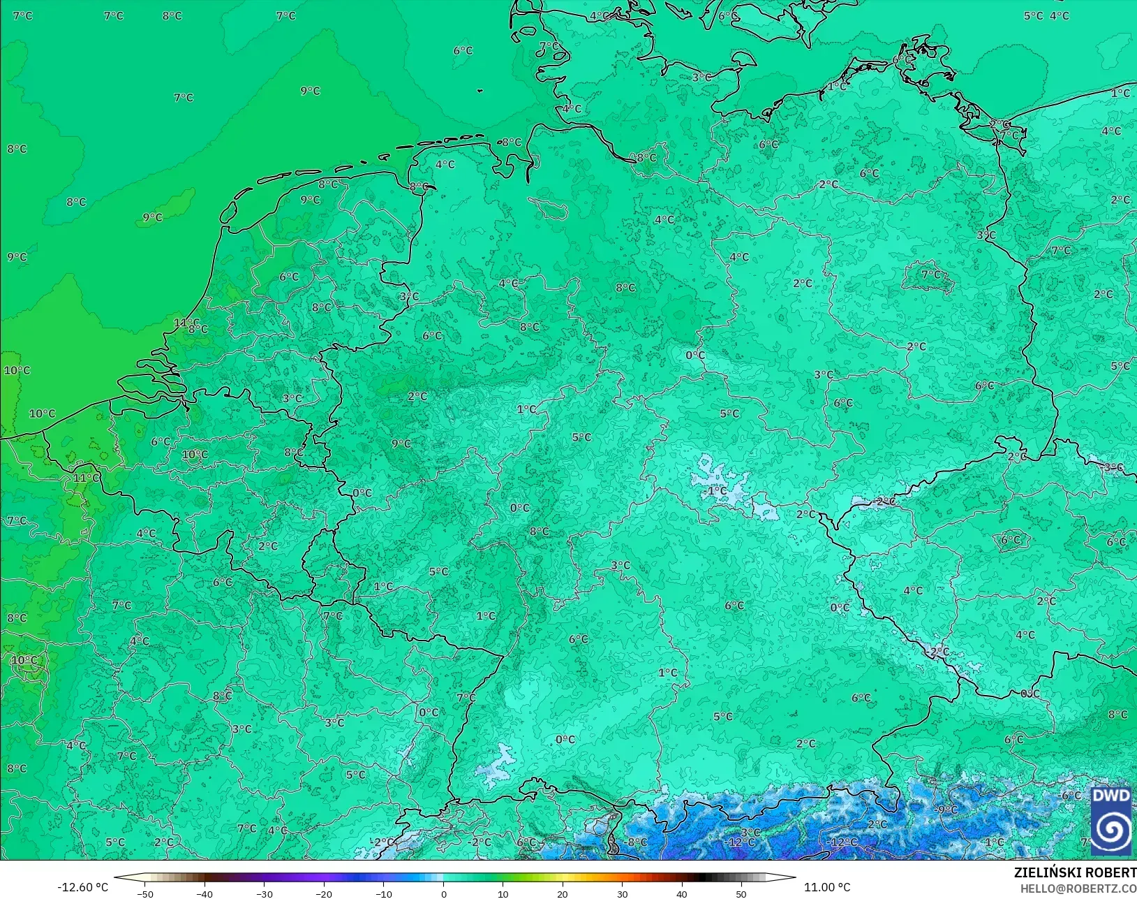 ICON Alemania 2 km modelo - Alemania, Temperatura a 2 m