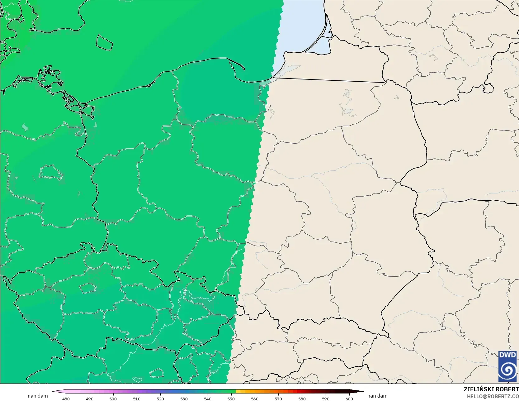 ICON Alemania 2 km modelo - Polonia, Altura geopotencial a 500 hPa