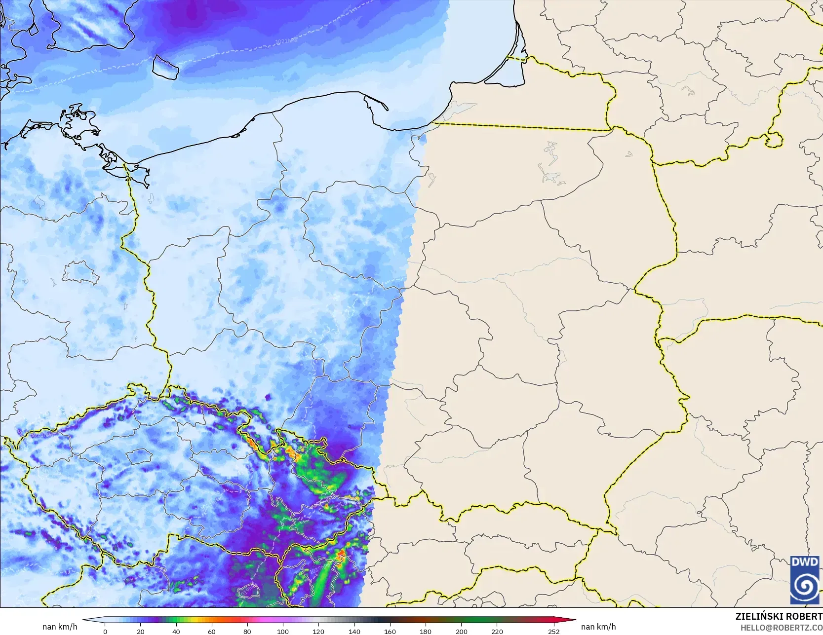 ICON Alemania 2 km modelo - Polonia, Ráfagas de viento