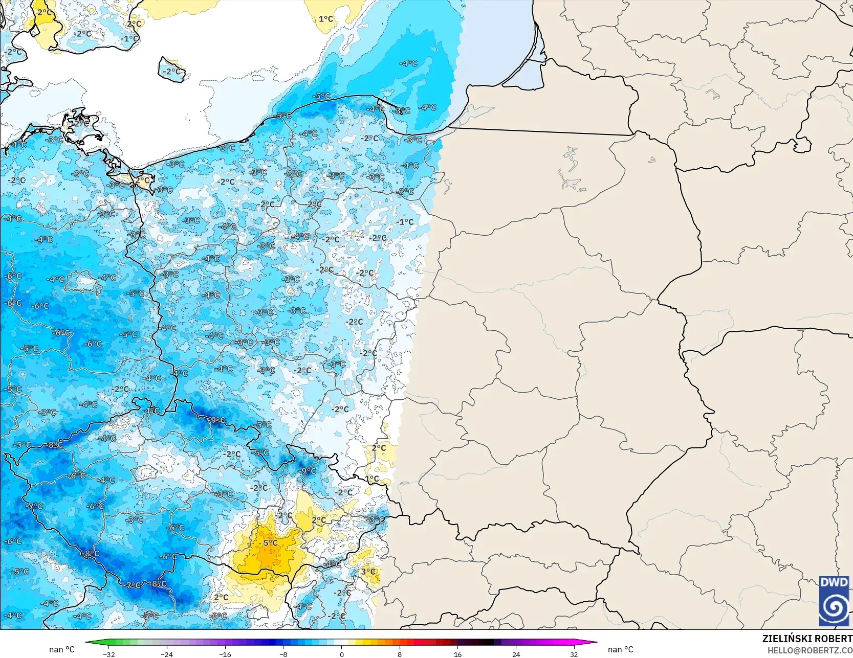 ICON Alemania 2 km modelo - Polonia, Anomalía de temperatura a 2 m