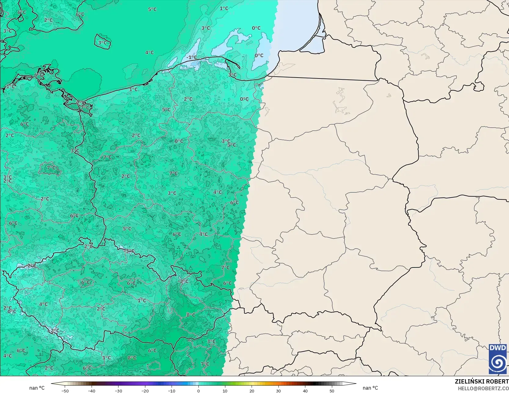ICON Alemania 2 km modelo - Polonia, Temperatura a 2 m