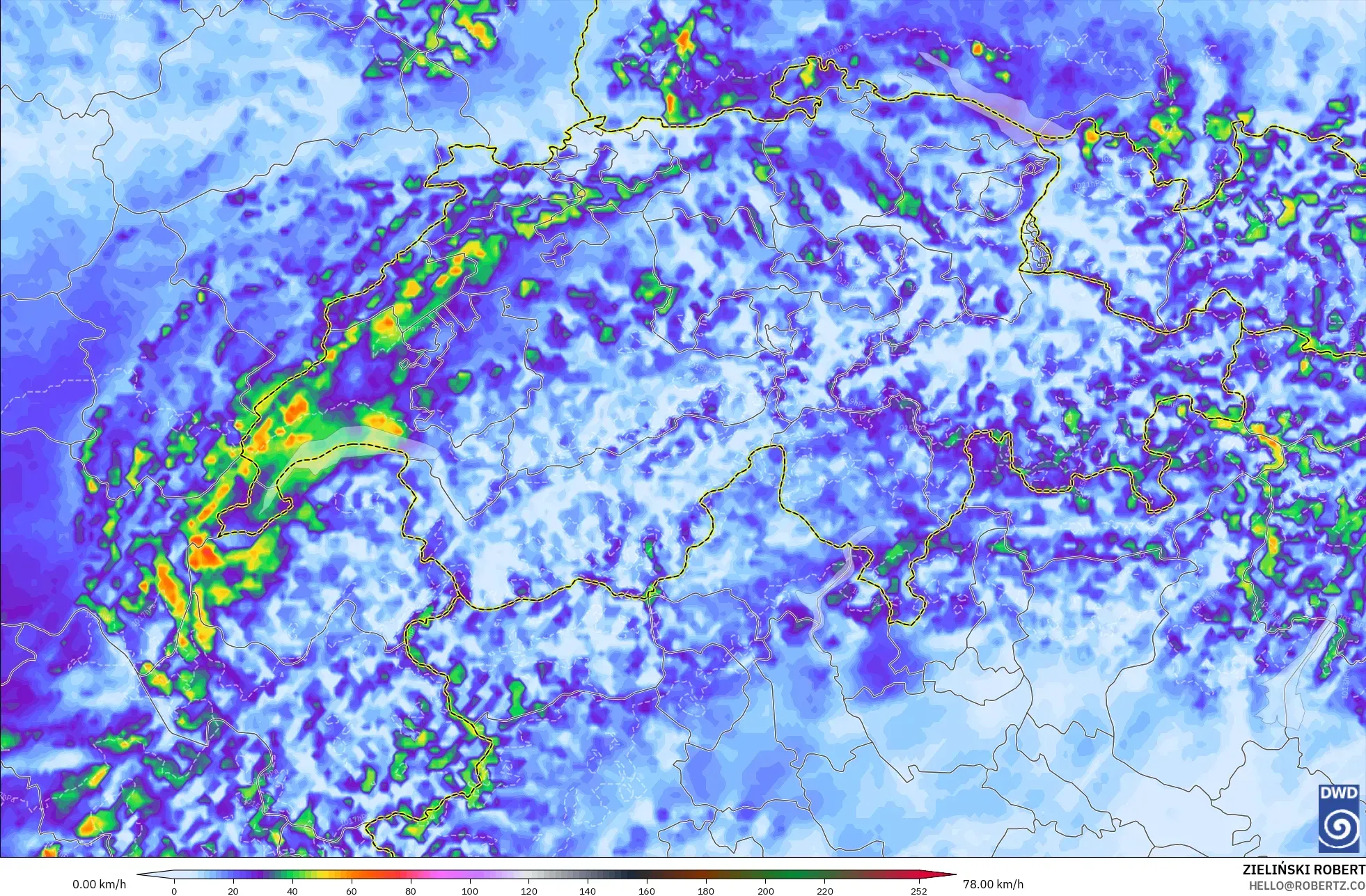 ICON Alemania 2 km modelo - Suiza, Ráfagas de Viento Máximas