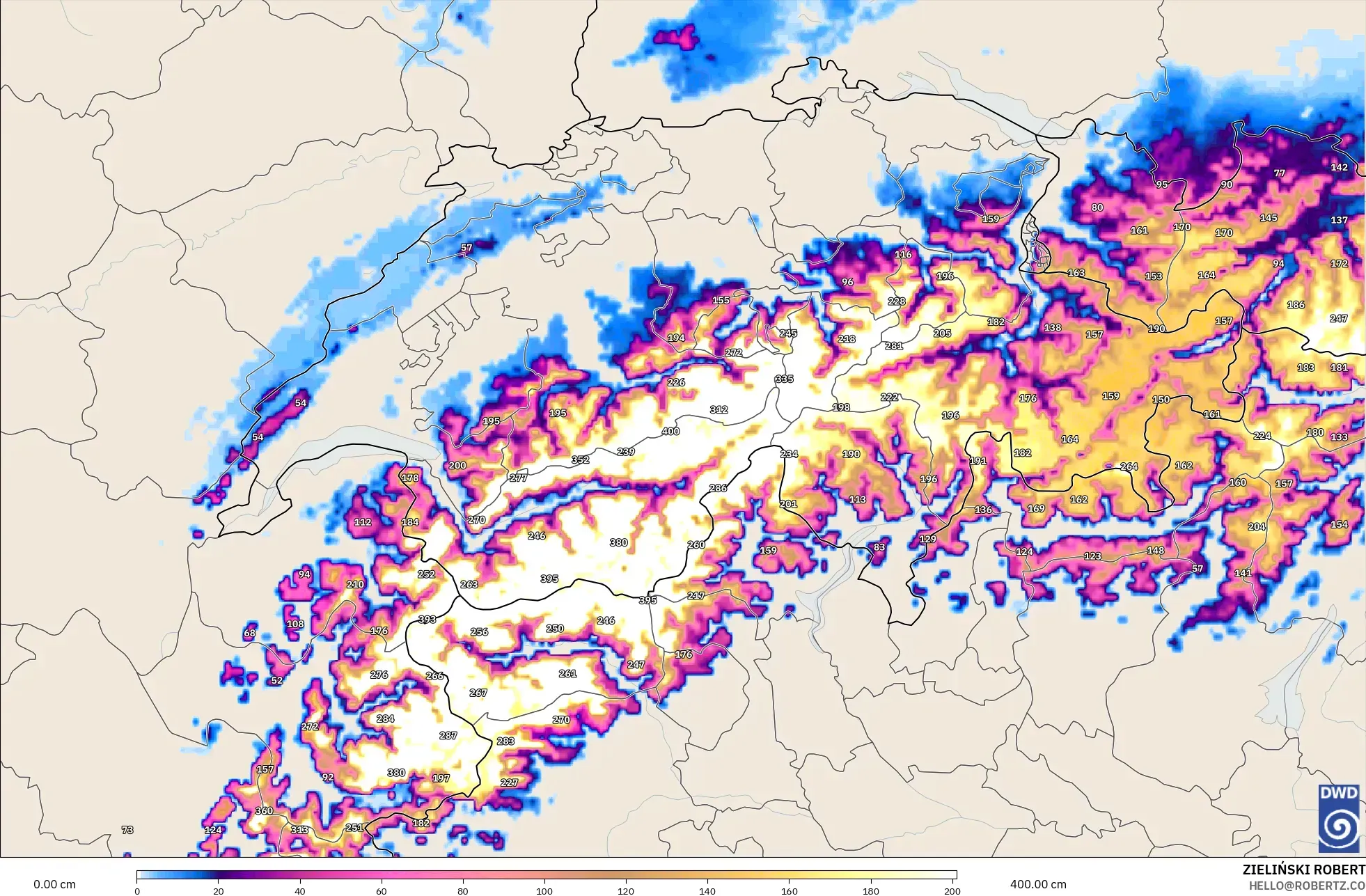 ICON Alemania 2 km modelo - Suiza, Profundidad de nieve
