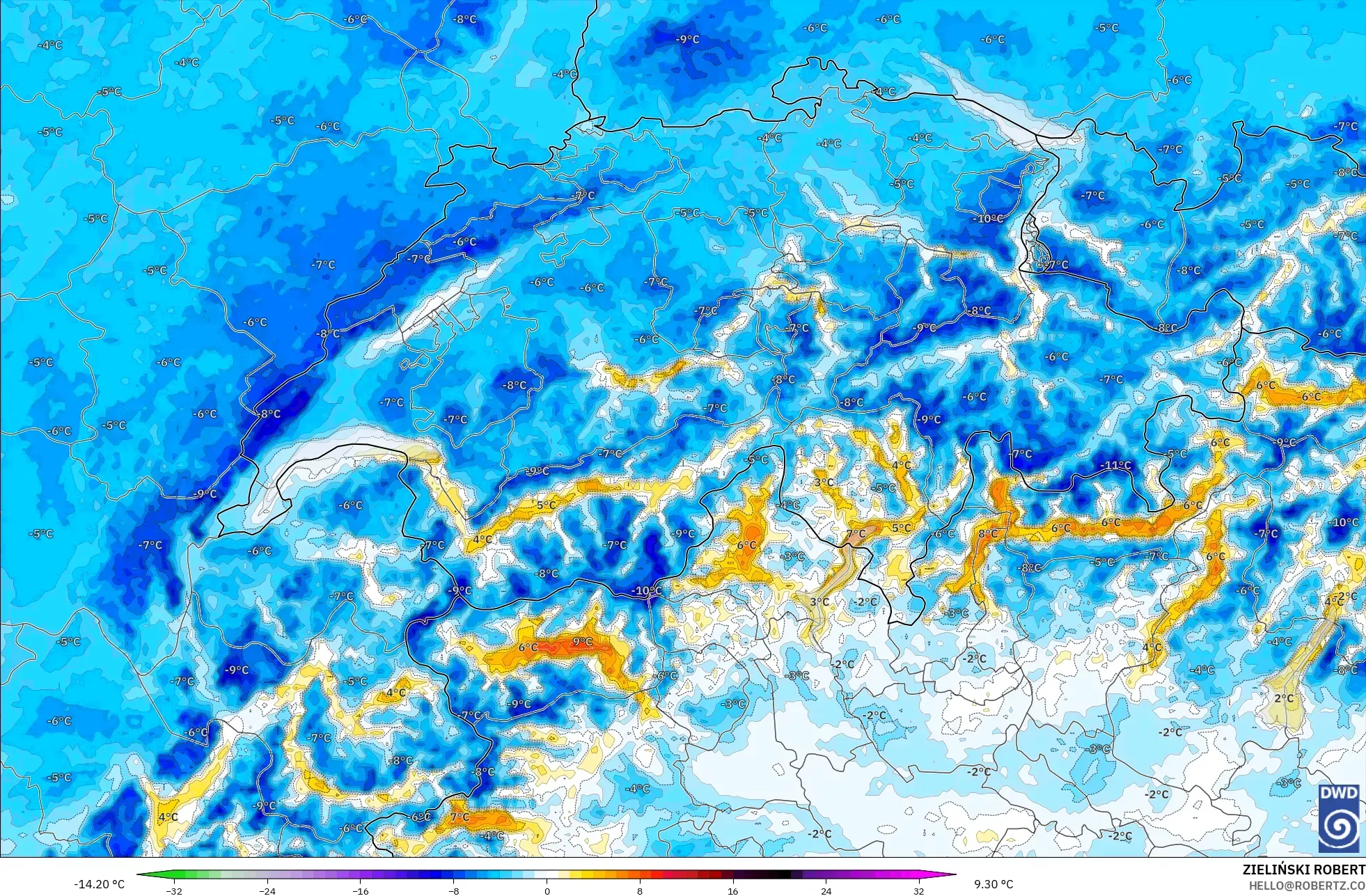 ICON Alemania 2 km modelo - Suiza, Anomalía de temperatura a 2 m