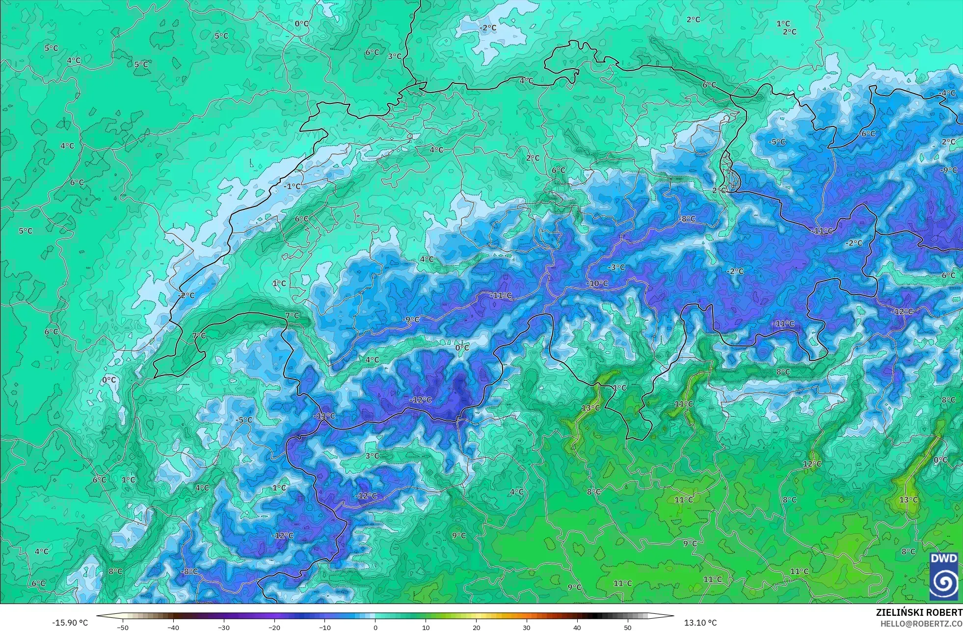 ICON Alemania 2 km modelo - Suiza, Temperatura a 2 m