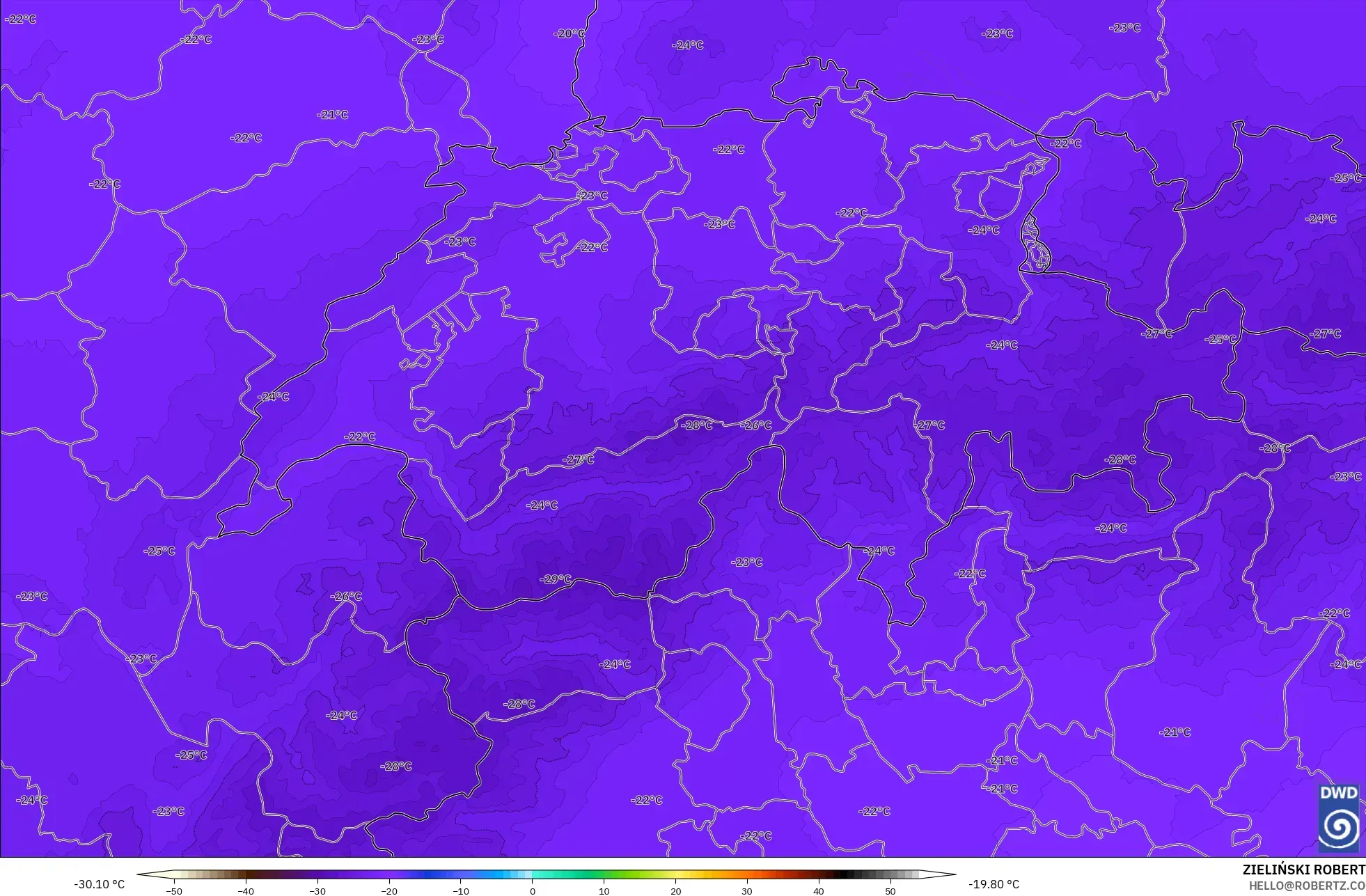 ICON Alemania 2 km modelo - Suiza, Temperatura a 500 hPa