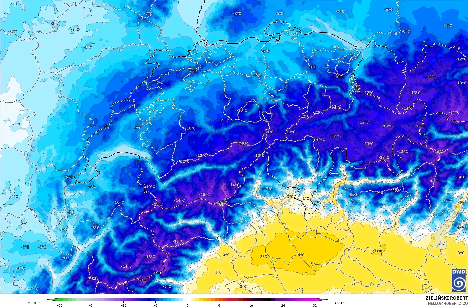 ICON Alemania 2 km modelo - Suiza, Anomalía de temperatura a 850 hPa
