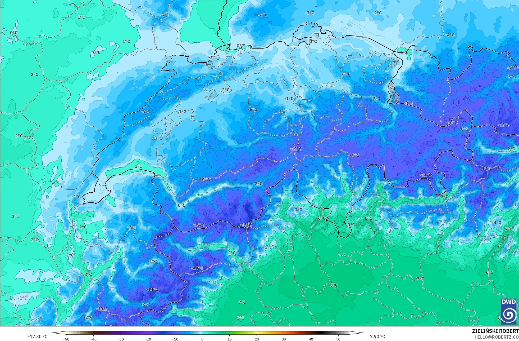 ICON Alemania 2 km modelo - Suiza, Temperatura a 850 hPa