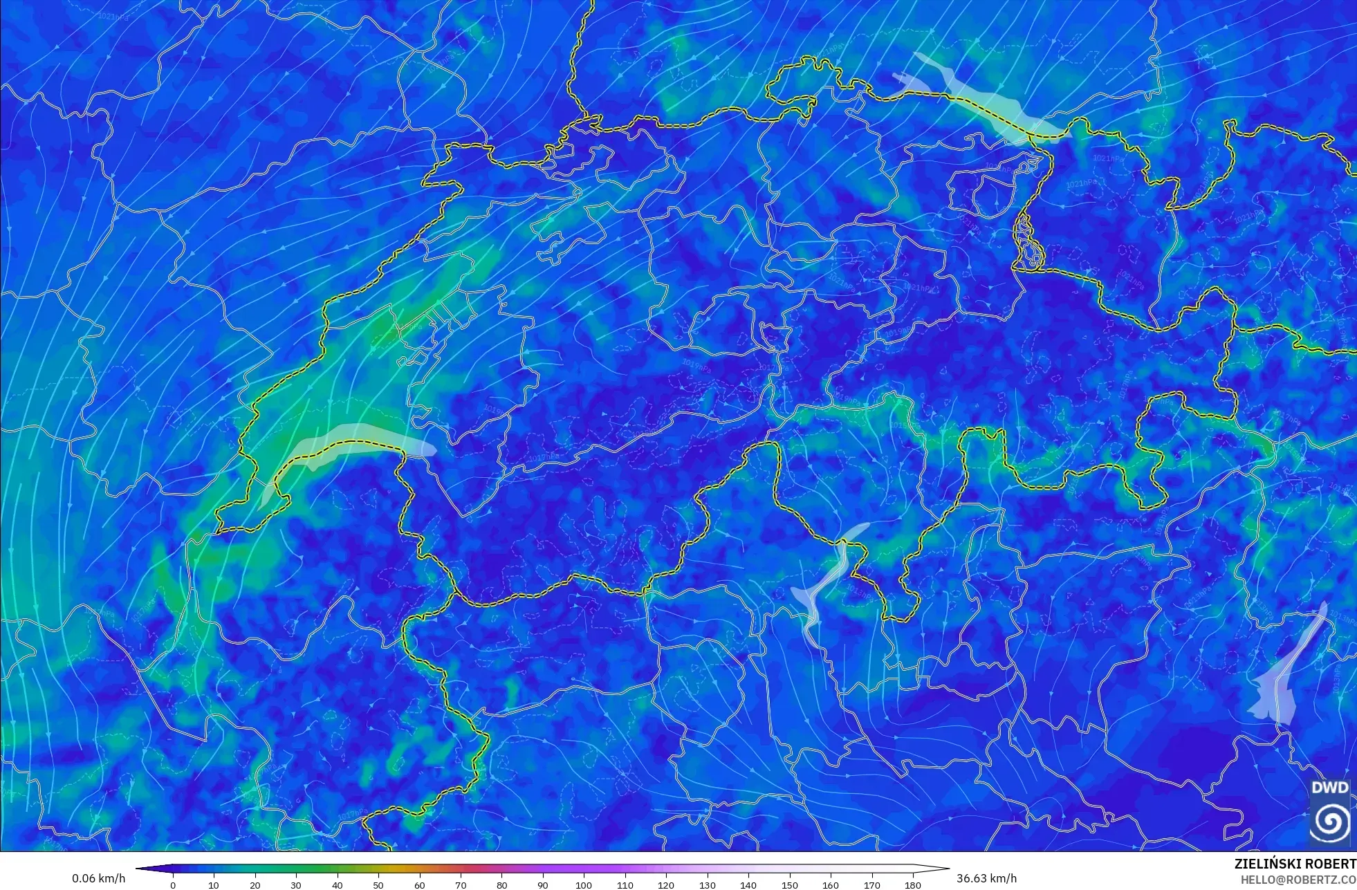 ICON Alemania 2 km modelo - Suiza, Viento a 10 m