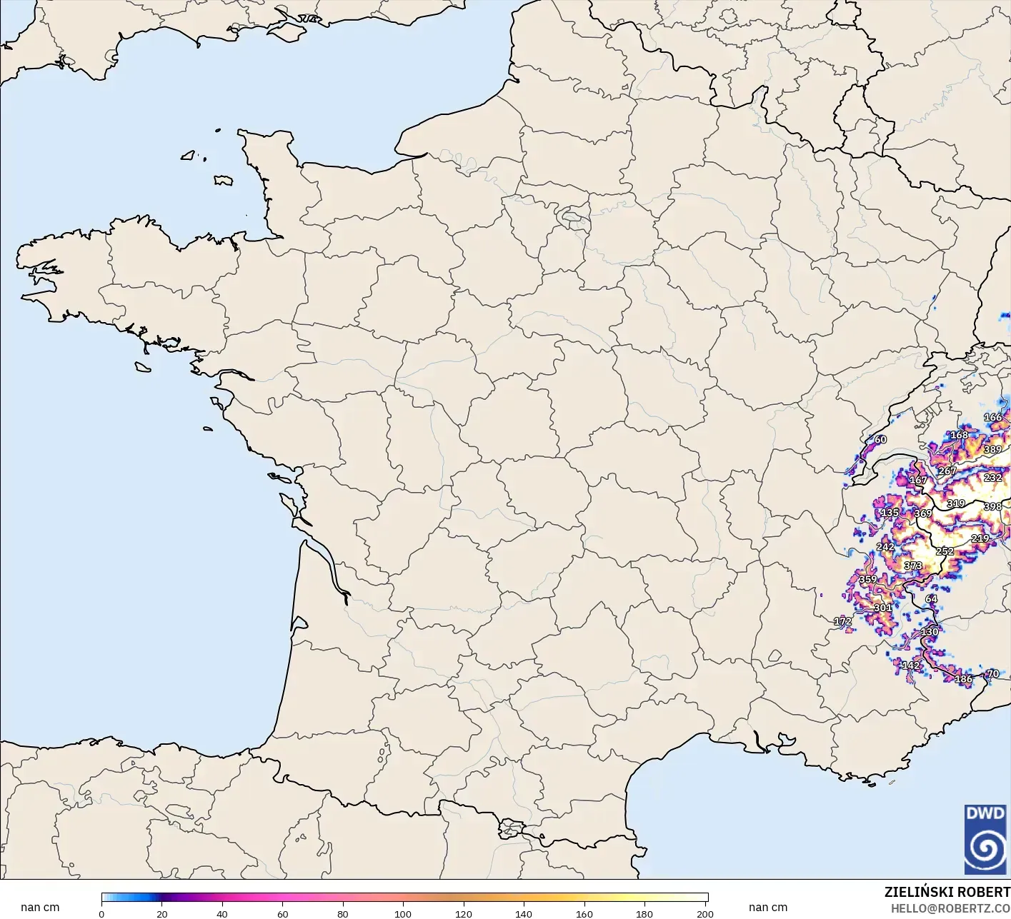ICON Alemania 2 km modelo - Francia, Profundidad de nieve
