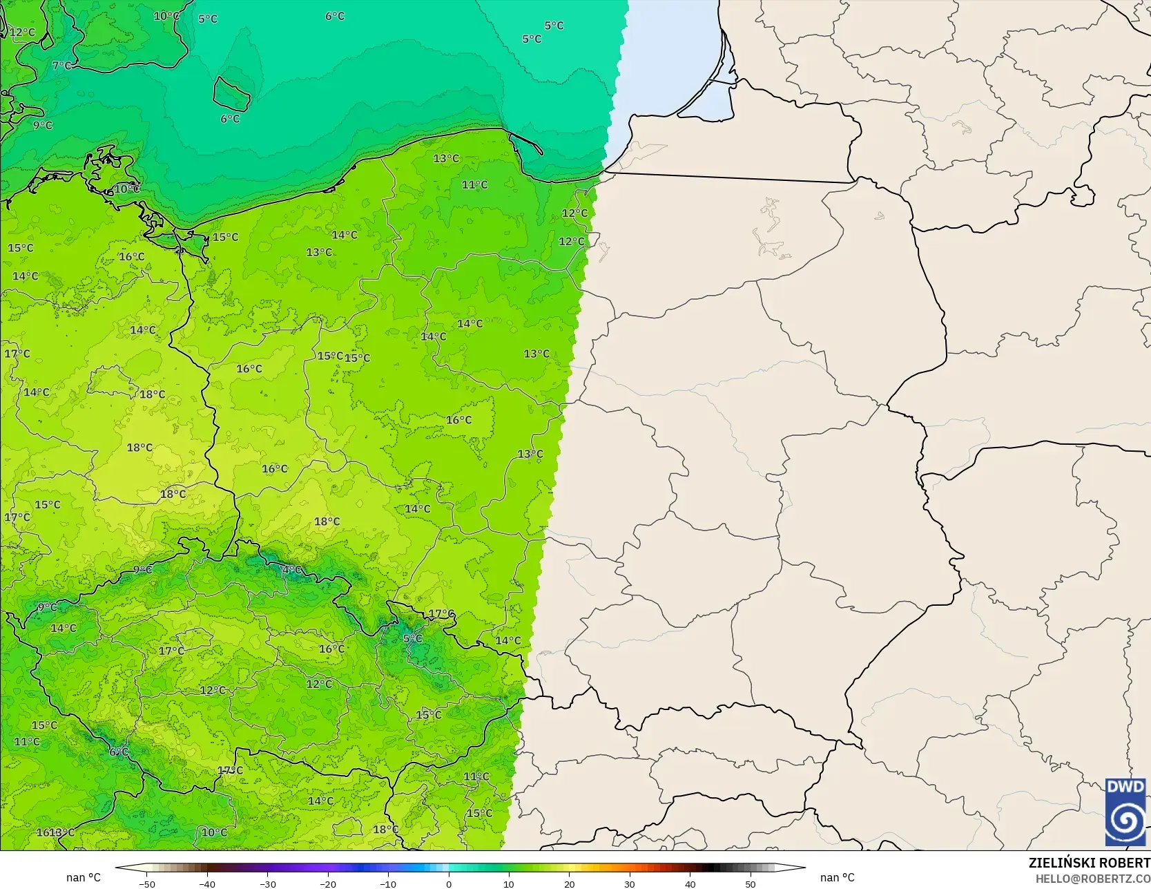 ICON Alemania 2 km modelo - Polonia, Temperatura a 2 m