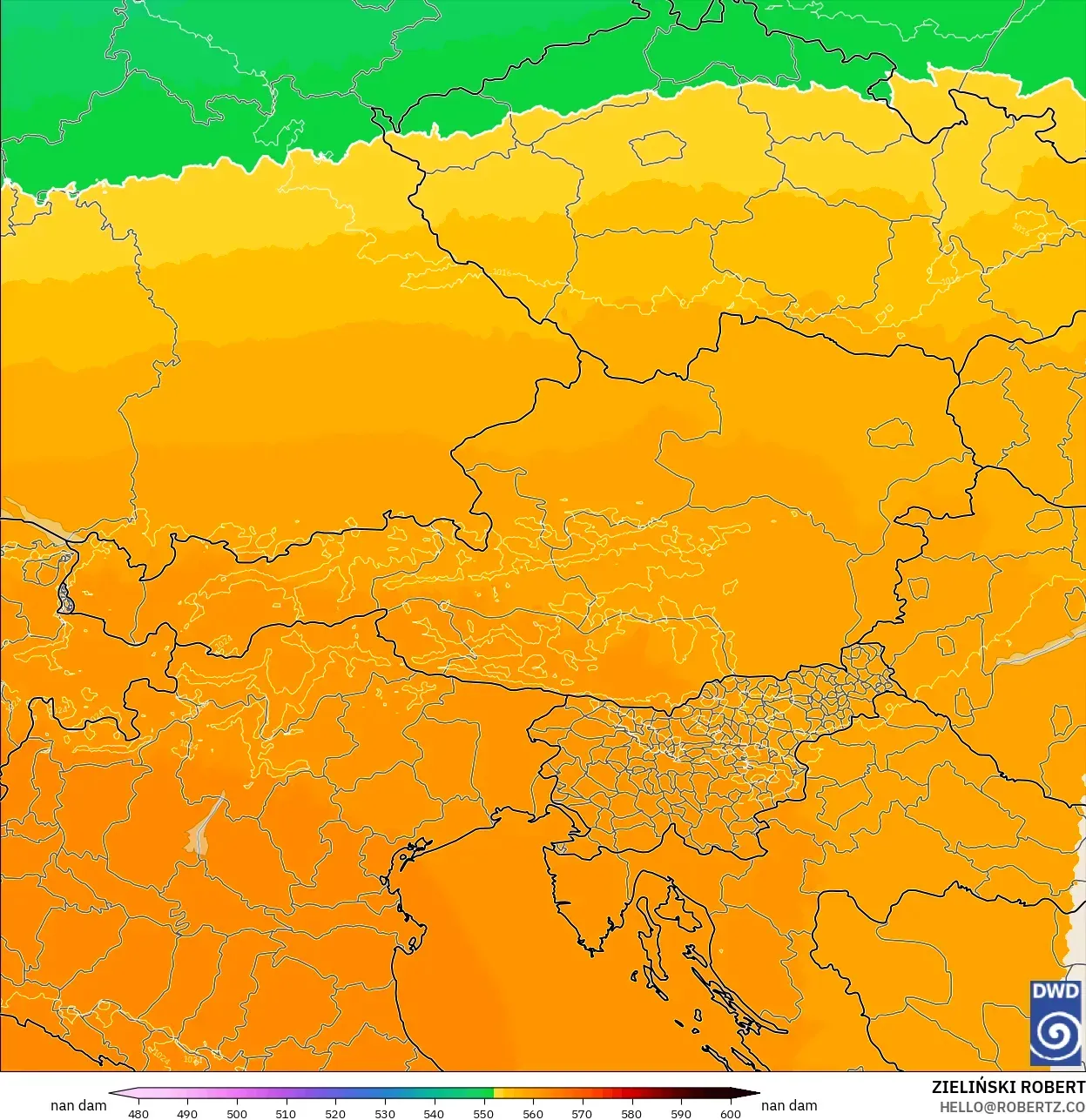 ICON Alemania 2 km modelo - Austria, Altura geopotencial a 500 hPa