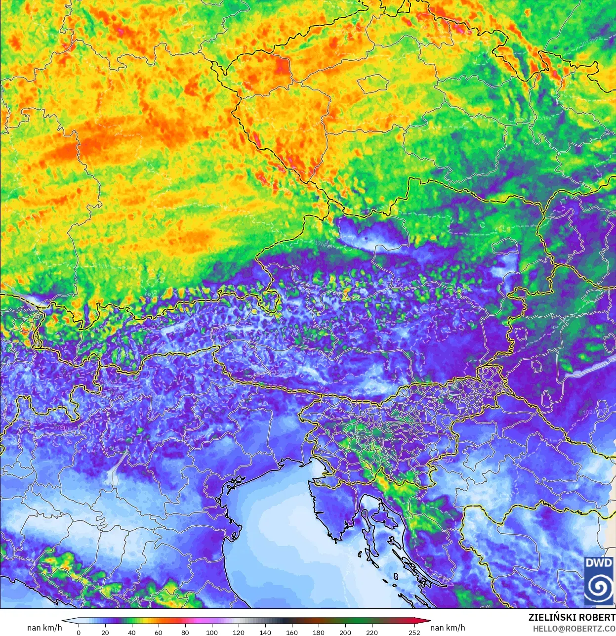 ICON Alemania 2 km modelo - Austria, Ráfagas de viento