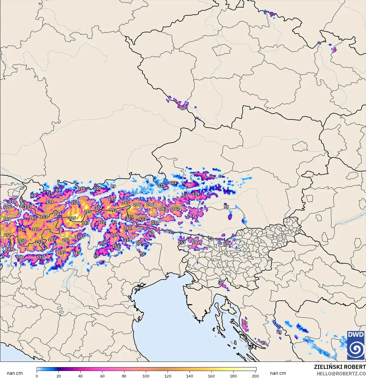 ICON Alemania 2 km modelo - Austria, Profundidad de nieve