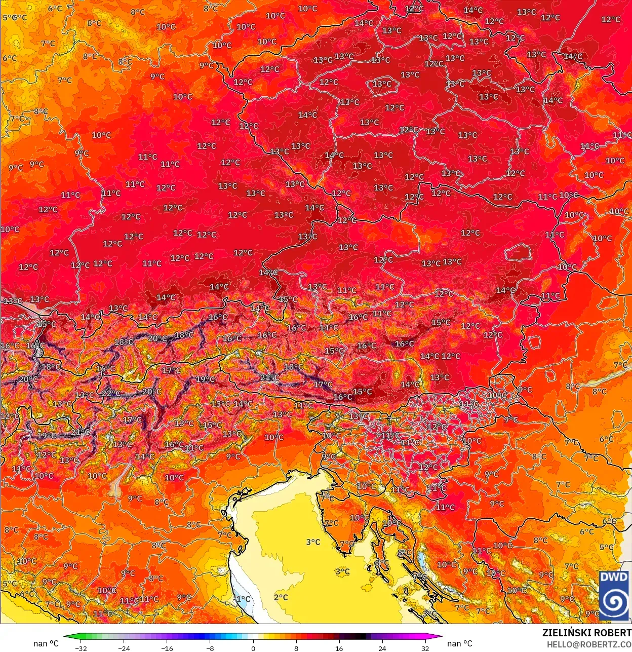 ICON Alemania 2 km modelo - Austria, Anomalía de temperatura a 2 m