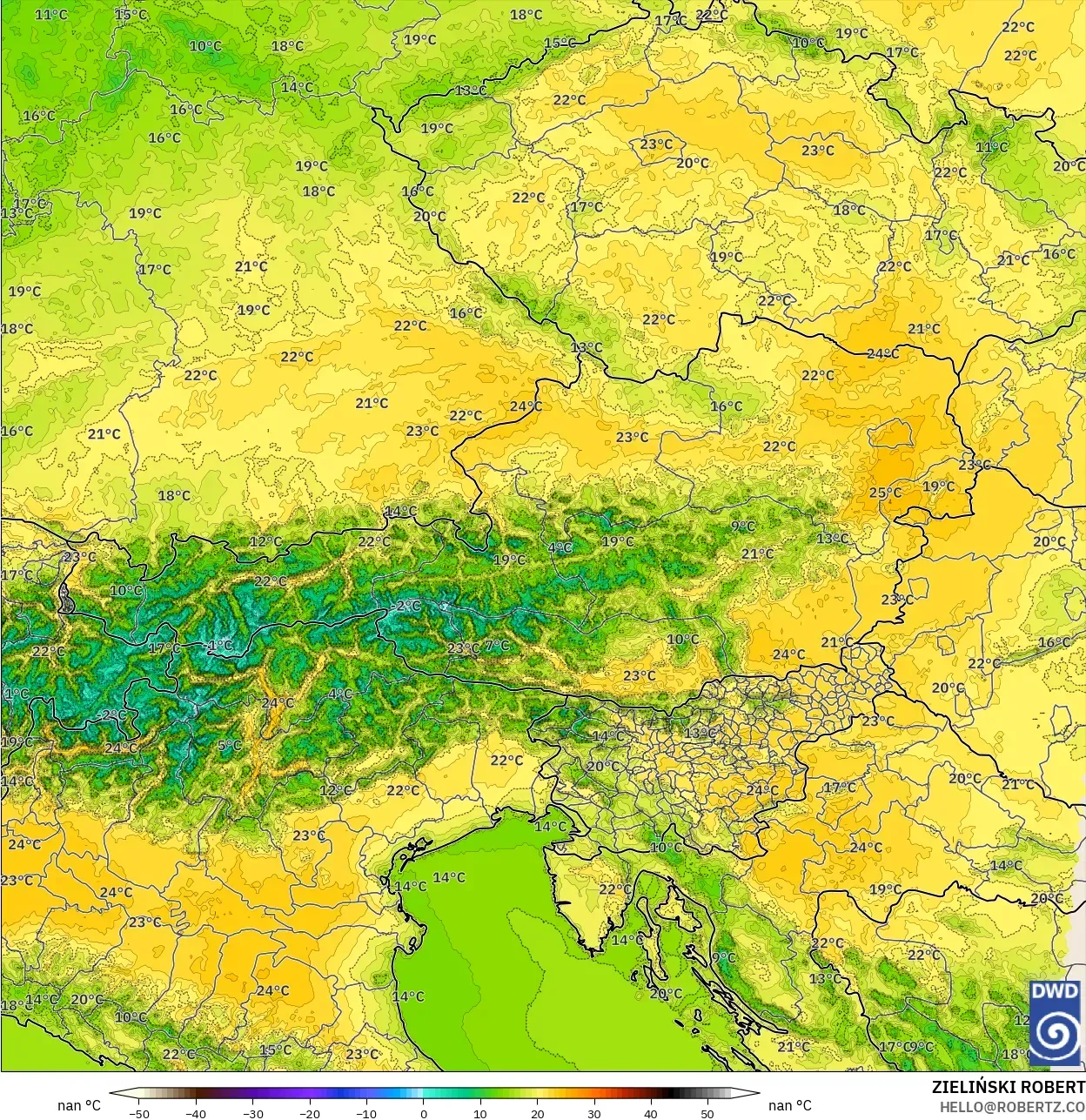 ICON Alemania 2 km modelo - Austria, Temperatura a 2 m