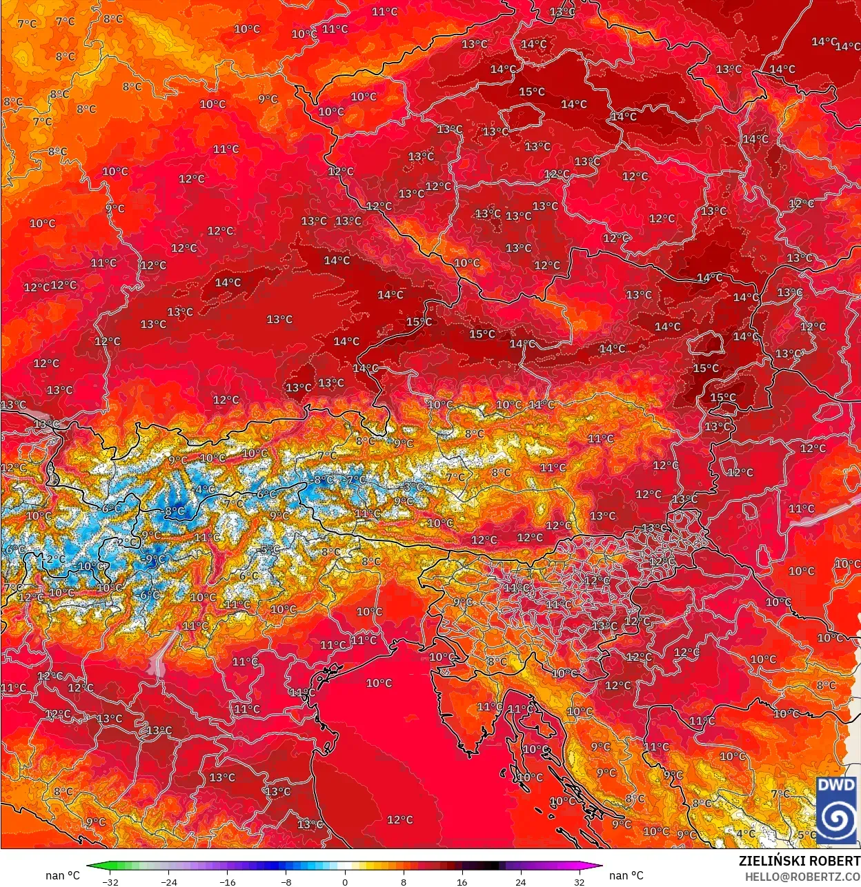 ICON Alemania 2 km modelo - Austria, Anomalía de temperatura a 850 hPa