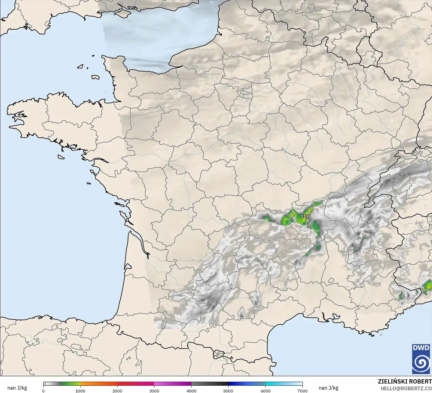 ICON Alemania 2 km modelo - Francia, CAPE