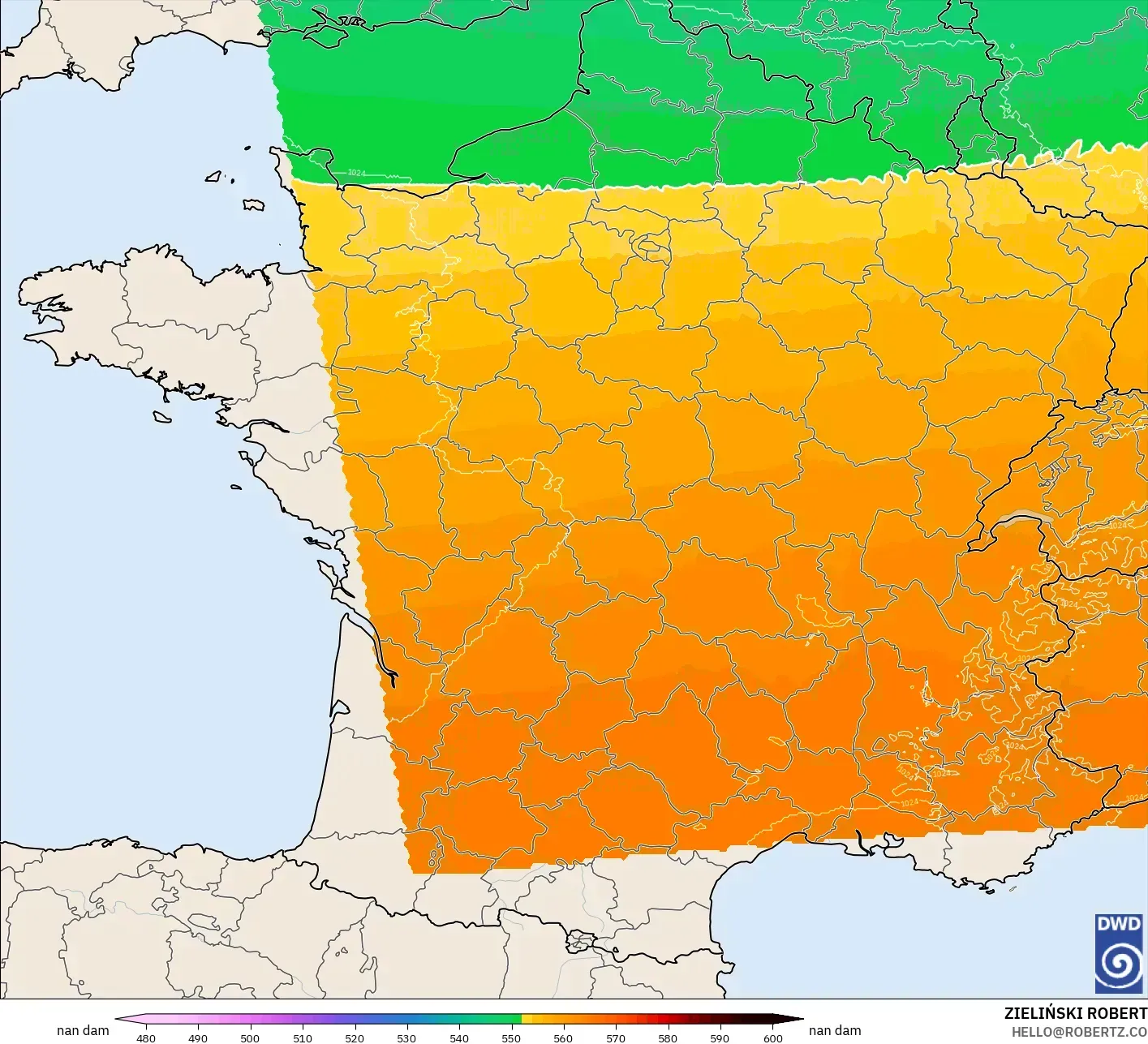 ICON Alemania 2 km modelo - Francia, Altura geopotencial a 500 hPa