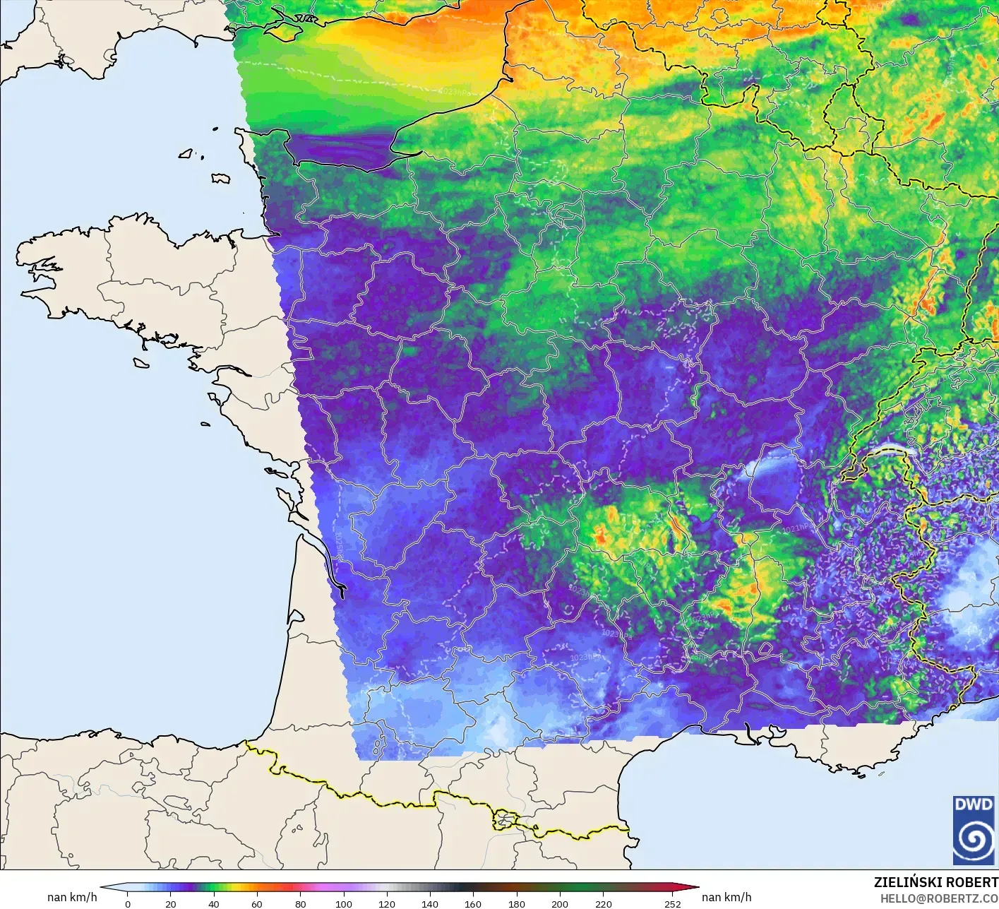 ICON Alemania 2 km modelo - Francia, Ráfagas de viento