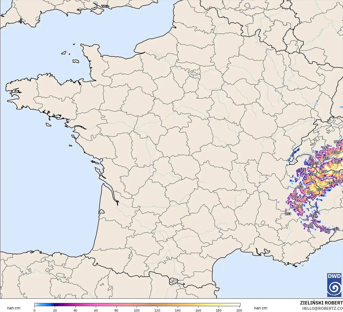 ICON Alemania 2 km modelo - Francia, Profundidad de nieve