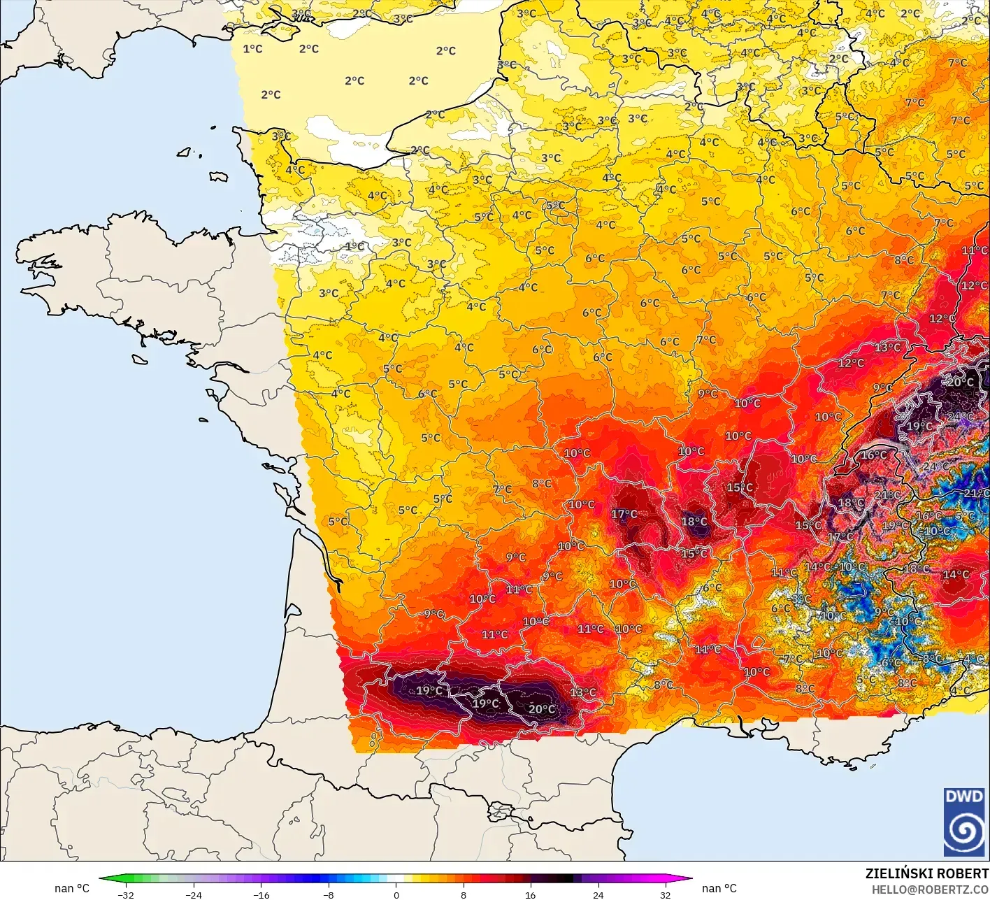 ICON Alemania 2 km modelo - Francia, Anomalía de temperatura a 2 m