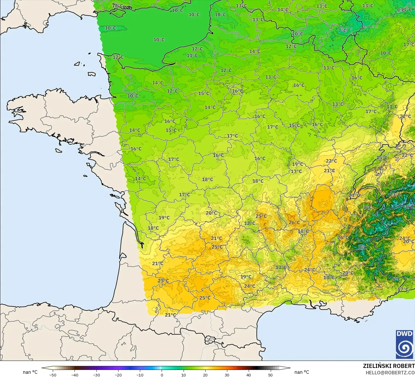 ICON Alemania 2 km modelo - Francia, Temperatura a 2 m