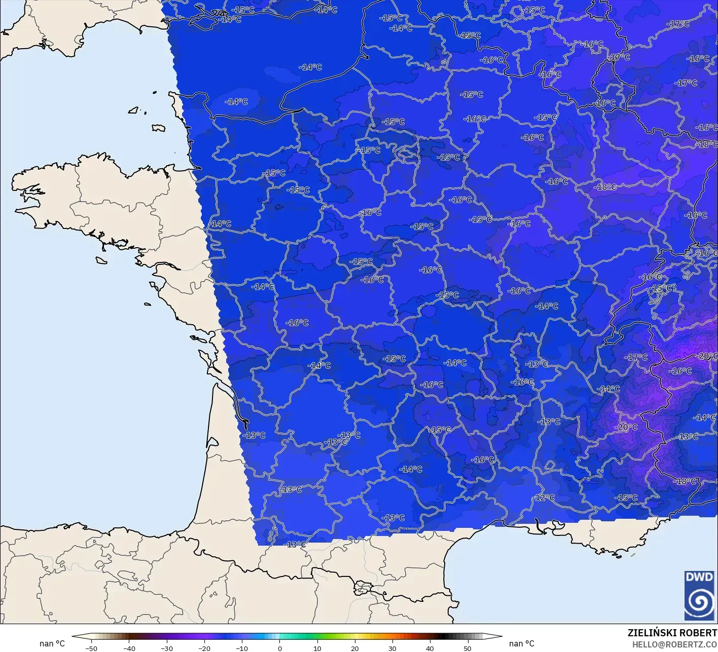 ICON Alemania 2 km modelo - Francia, Temperatura a 500 hPa