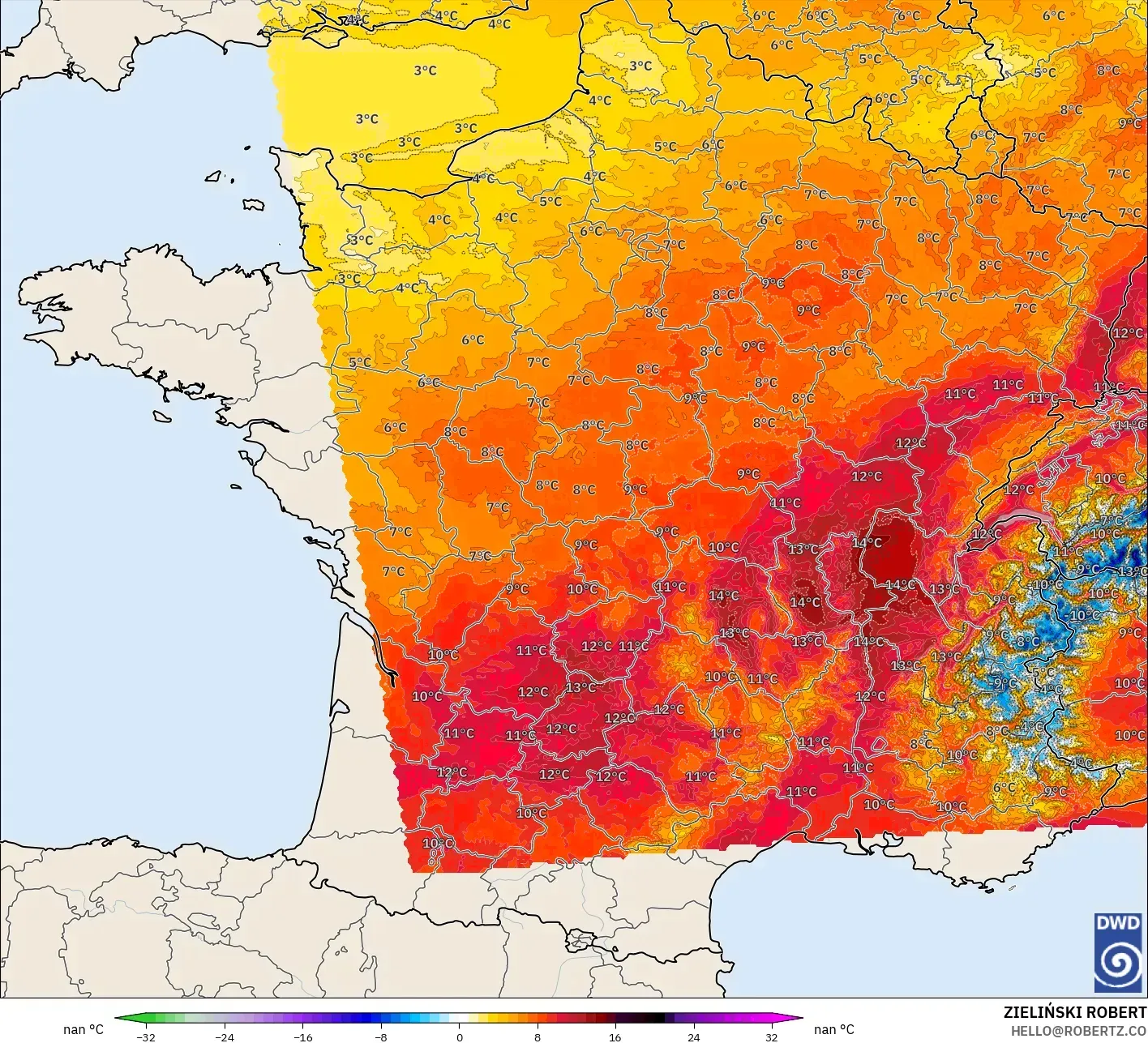 ICON Alemania 2 km modelo - Francia, Anomalía de temperatura a 850 hPa