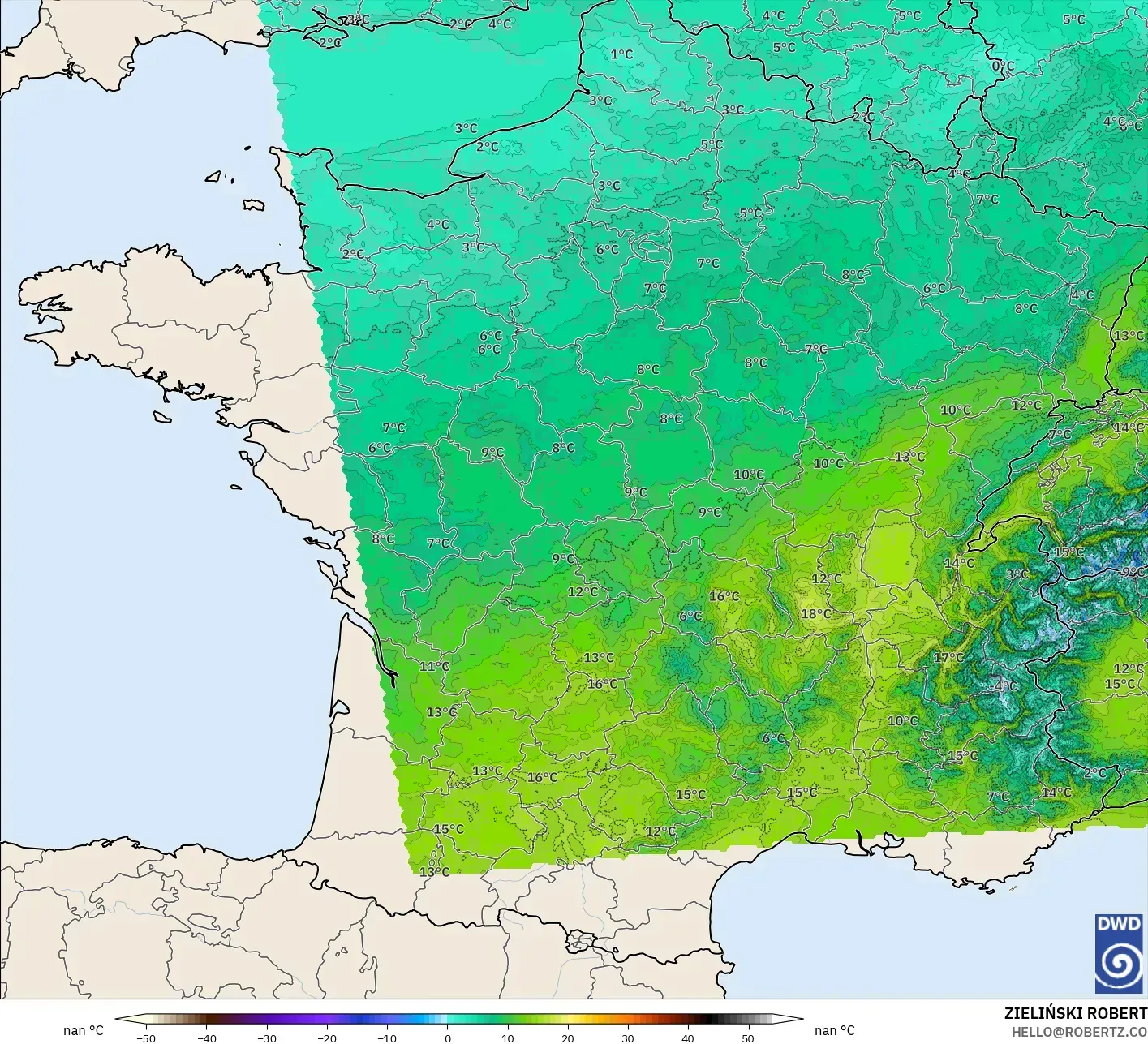 ICON Alemania 2 km modelo - Francia, Temperatura a 850 hPa