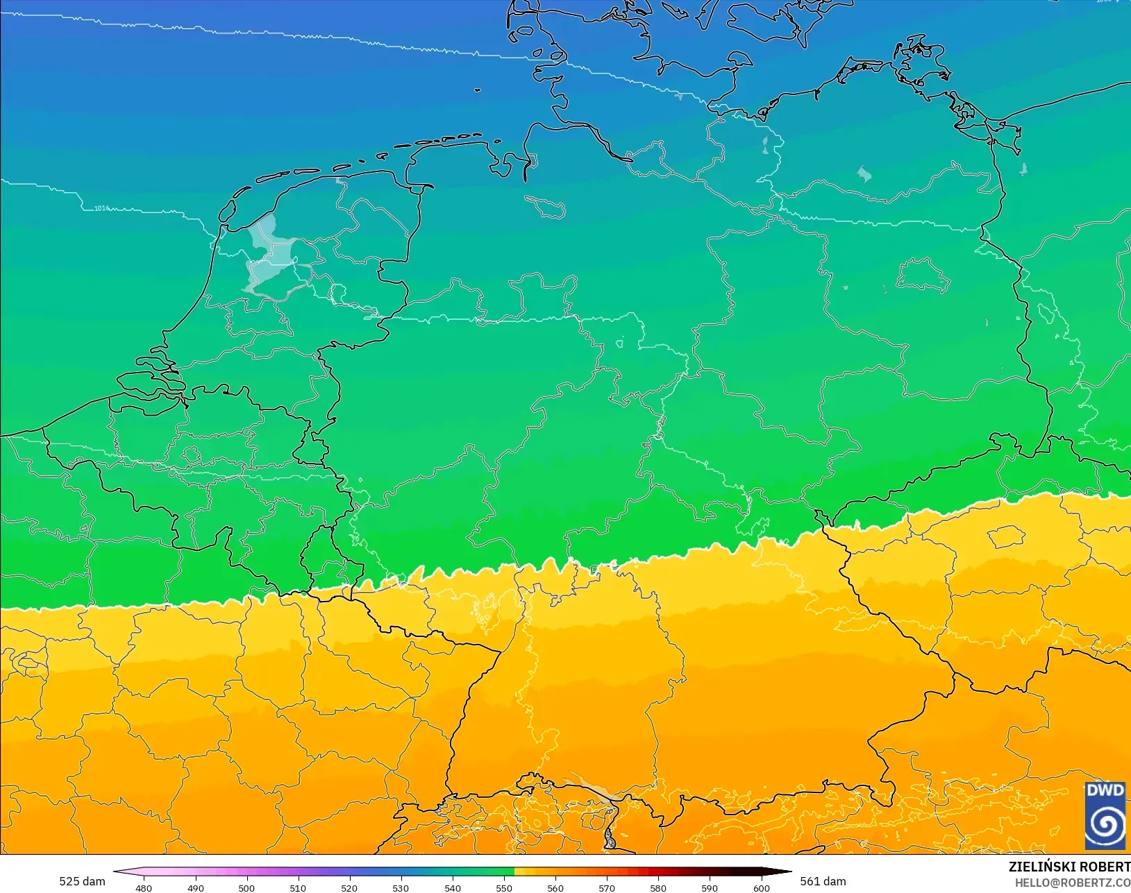 ICON Alemania 2 km modelo - Alemania, Altura geopotencial a 500 hPa
