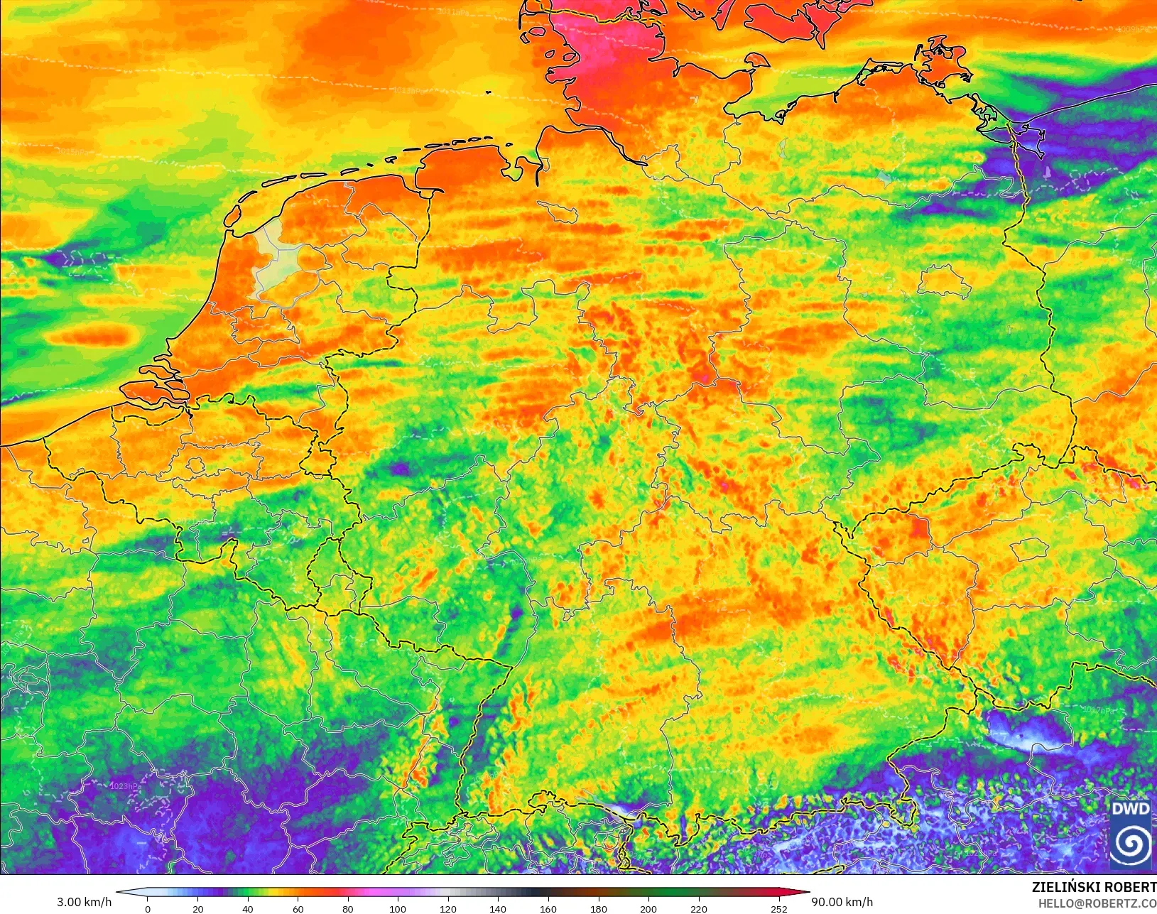 ICON Alemania 2 km modelo - Alemania, Ráfagas de viento