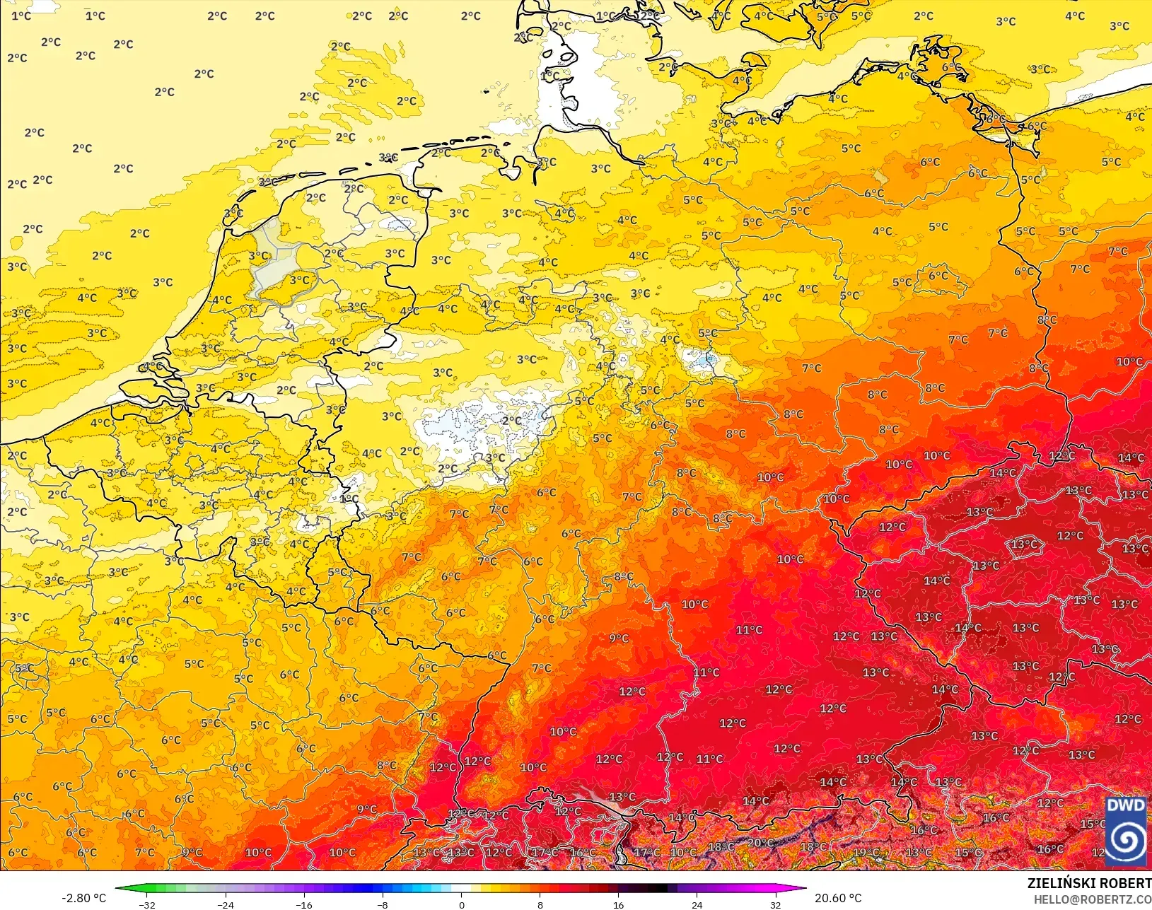 ICON Alemania 2 km modelo - Alemania, Anomalía de temperatura a 2 m