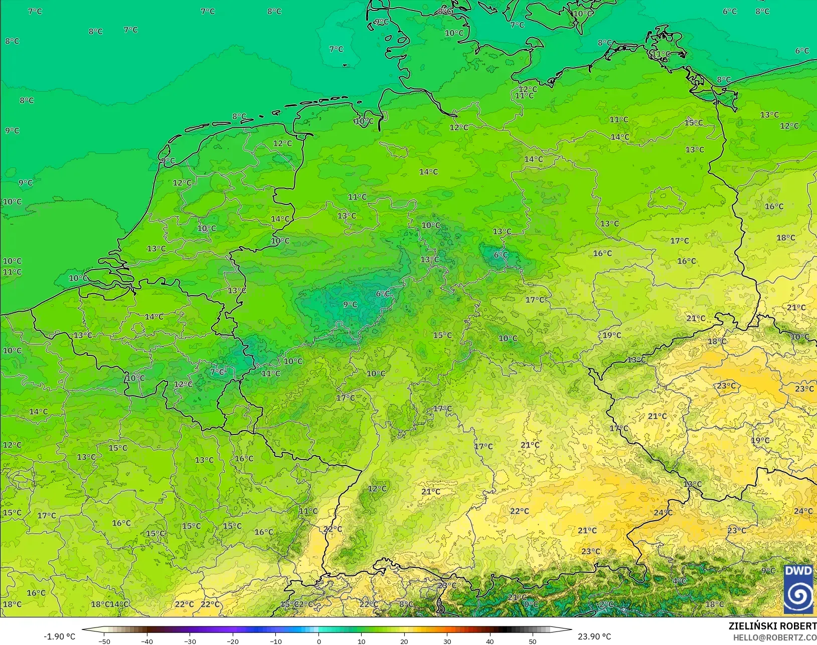 ICON Alemania 2 km modelo - Alemania, Temperatura a 2 m