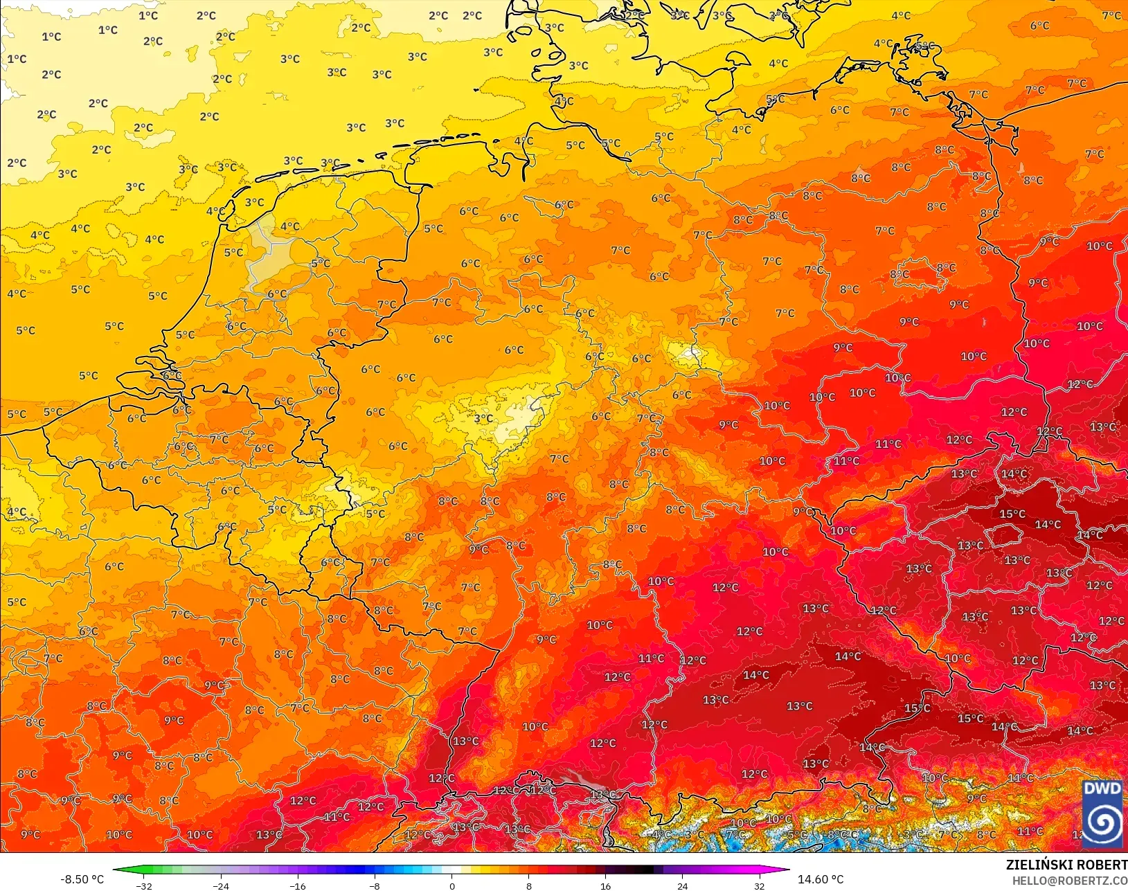 ICON Alemania 2 km modelo - Alemania, Anomalía de temperatura a 850 hPa