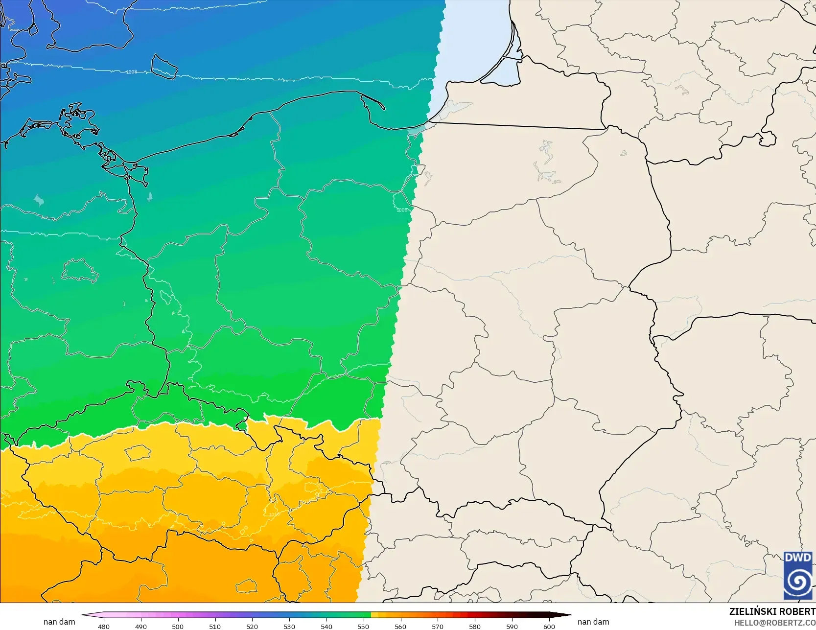 ICON Alemania 2 km modelo - Polonia, Altura geopotencial a 500 hPa