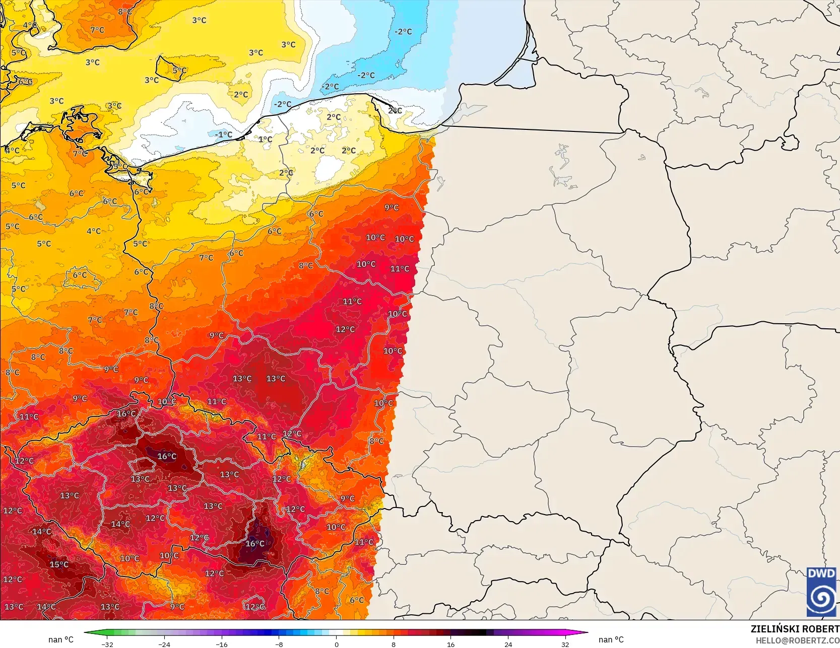 ICON Alemania 2 km modelo - Polonia, Anomalía de temperatura a 2 m