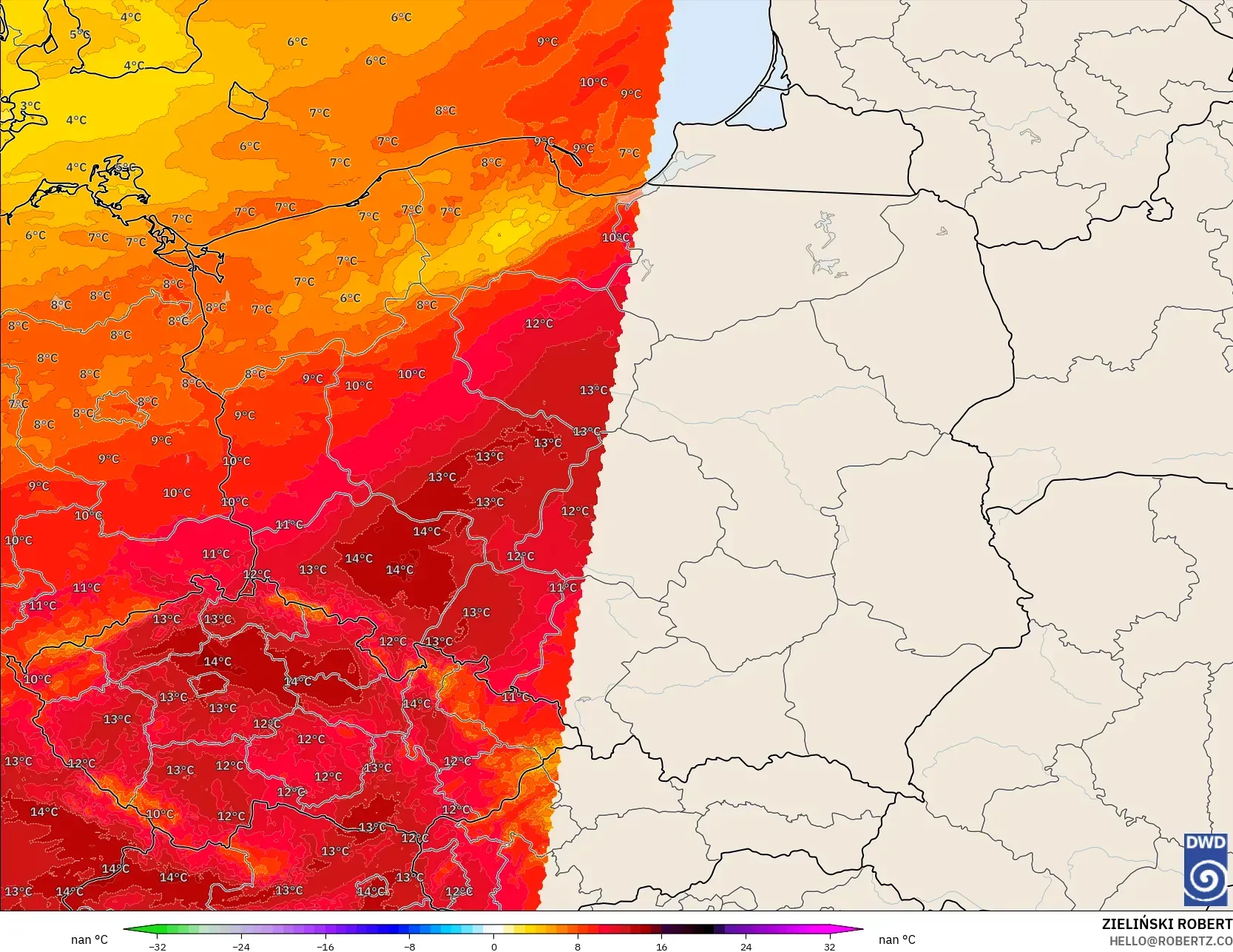 ICON Alemania 2 km modelo - Polonia, Anomalía de temperatura a 850 hPa