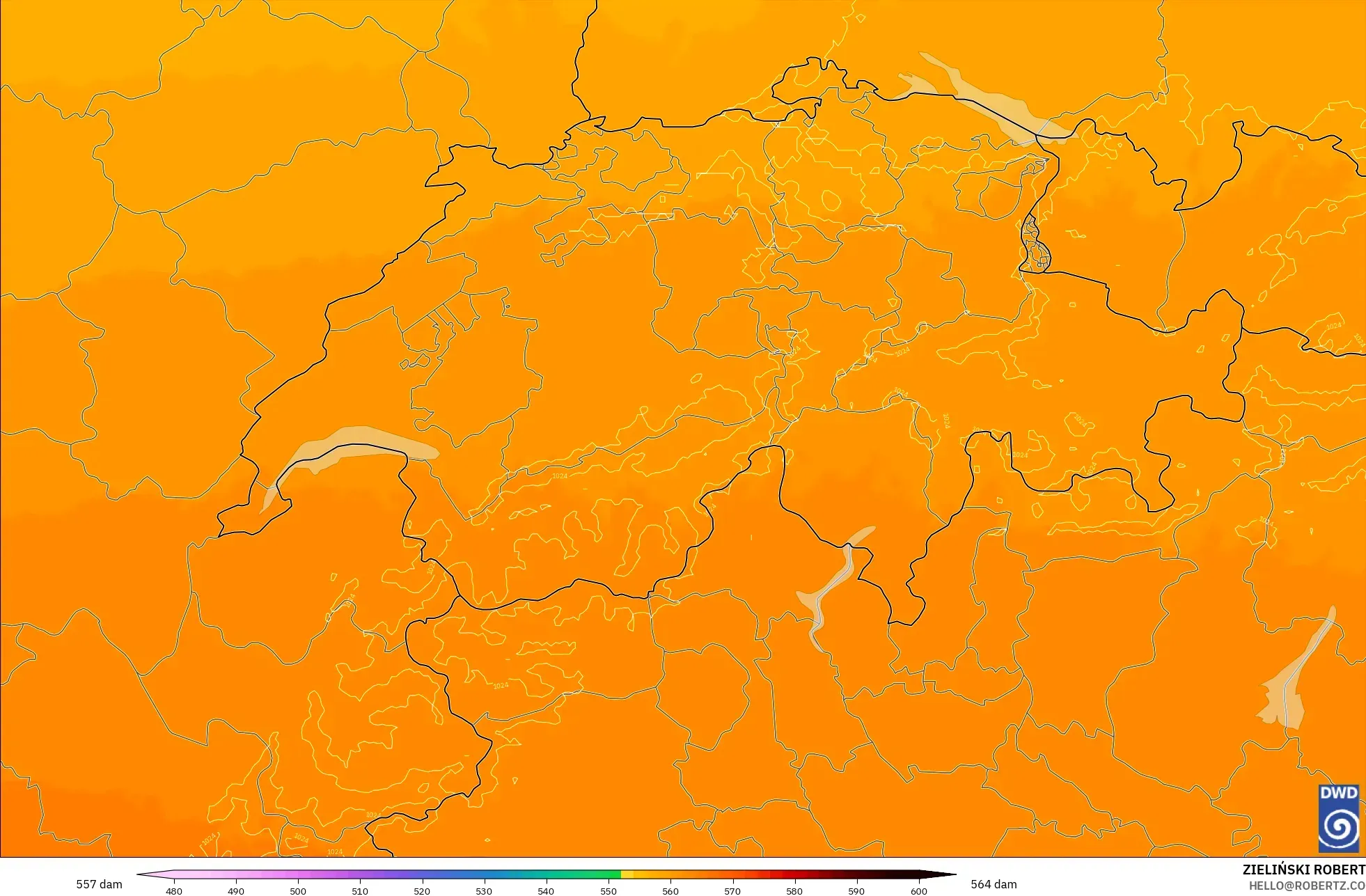 ICON Alemania 2 km modelo - Suiza, Altura geopotencial a 500 hPa
