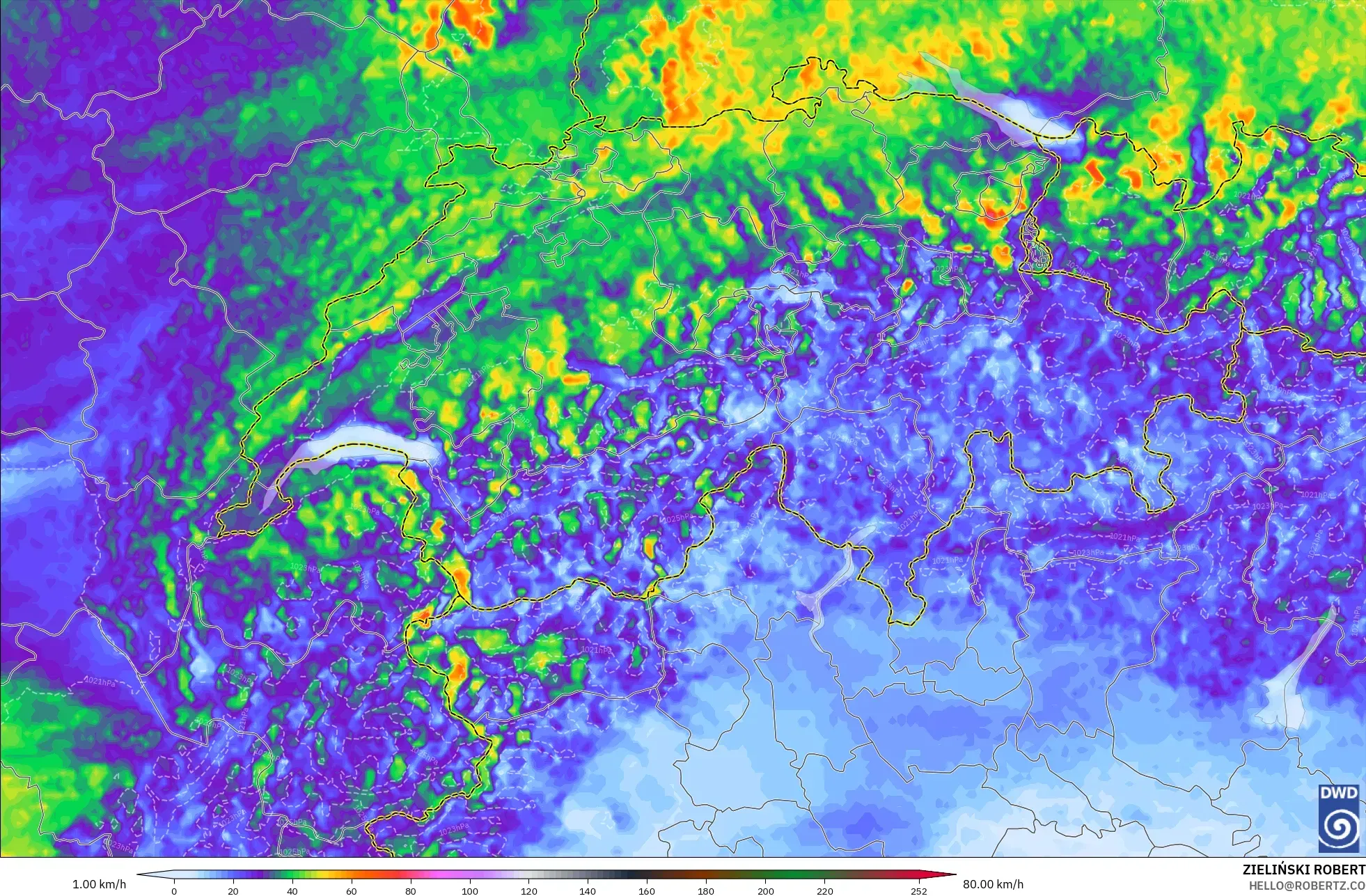 ICON Alemania 2 km modelo - Suiza, Ráfagas de Viento Máximas